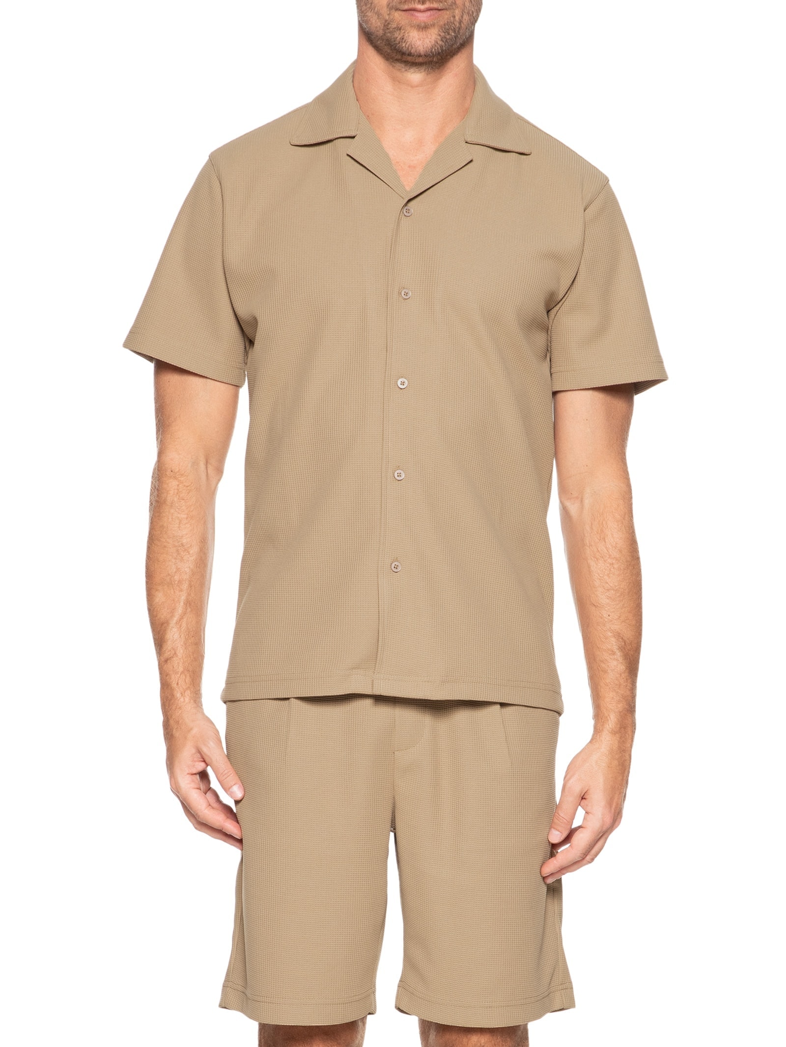 Conjunto Masculino Básico Camisa Manga Curta e Short Bege Basiq Men