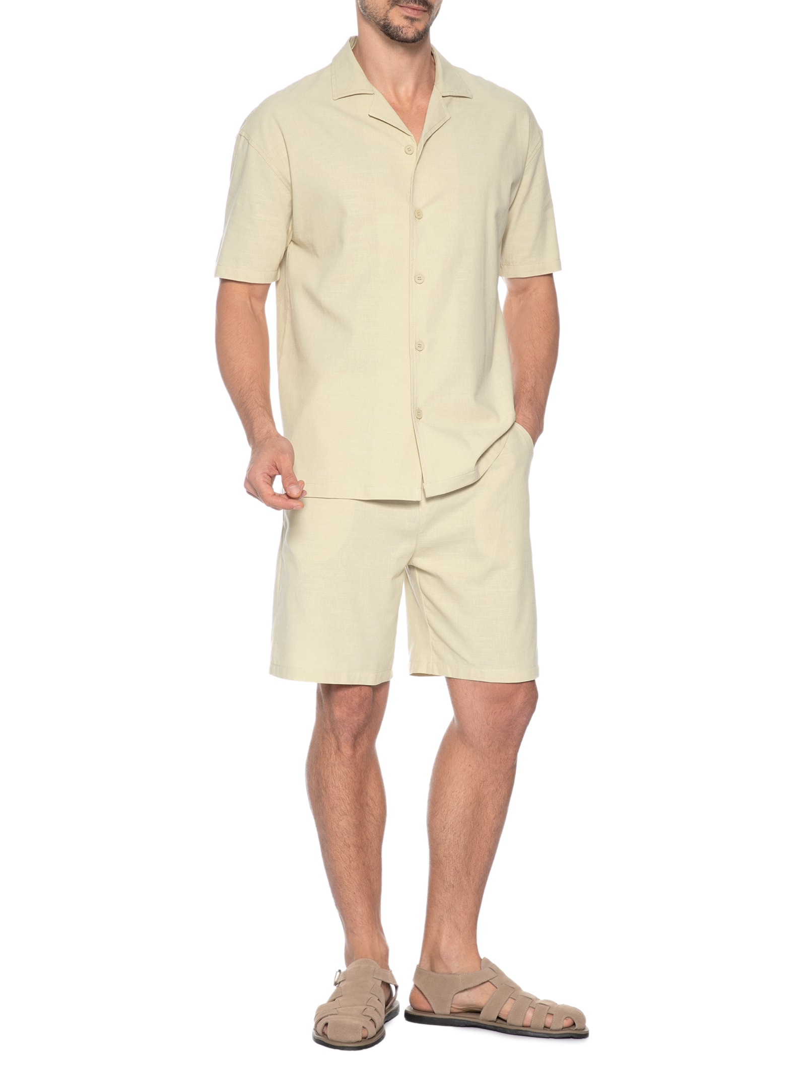 Conjunto Masculino Camisa Com Shorts Bege Basiq Men