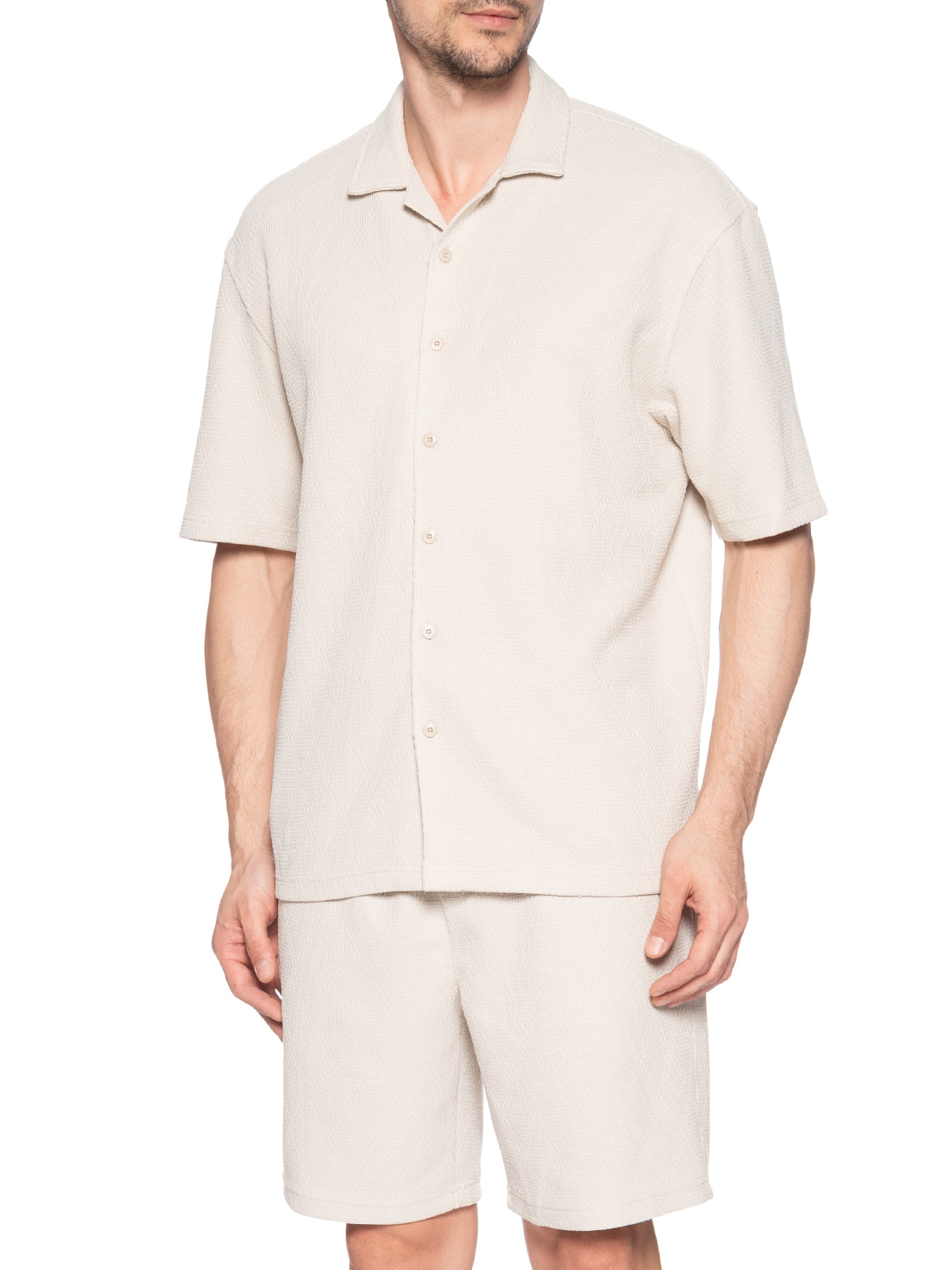 Conjunto Masculino Camisa E Short Texturizado Bege '2 Essential