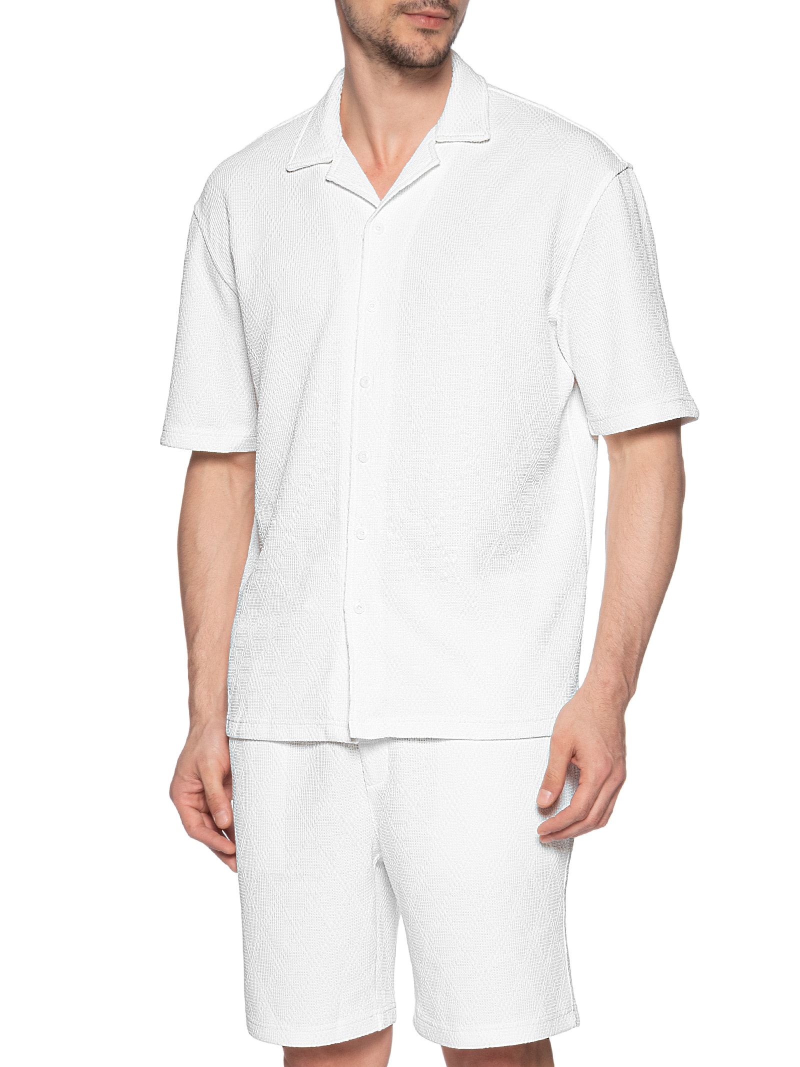 Conjunto Masculino Camisa E Short Texturizado Branco '2 Essential