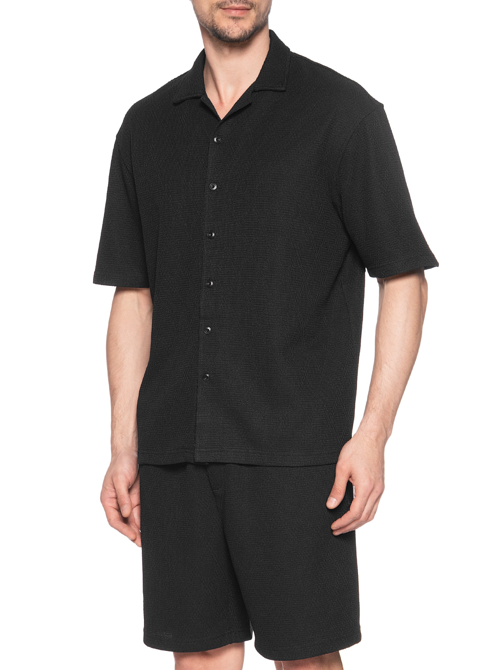 Conjunto Masculino Camisa E Short Texturizado Preto '2 Essential