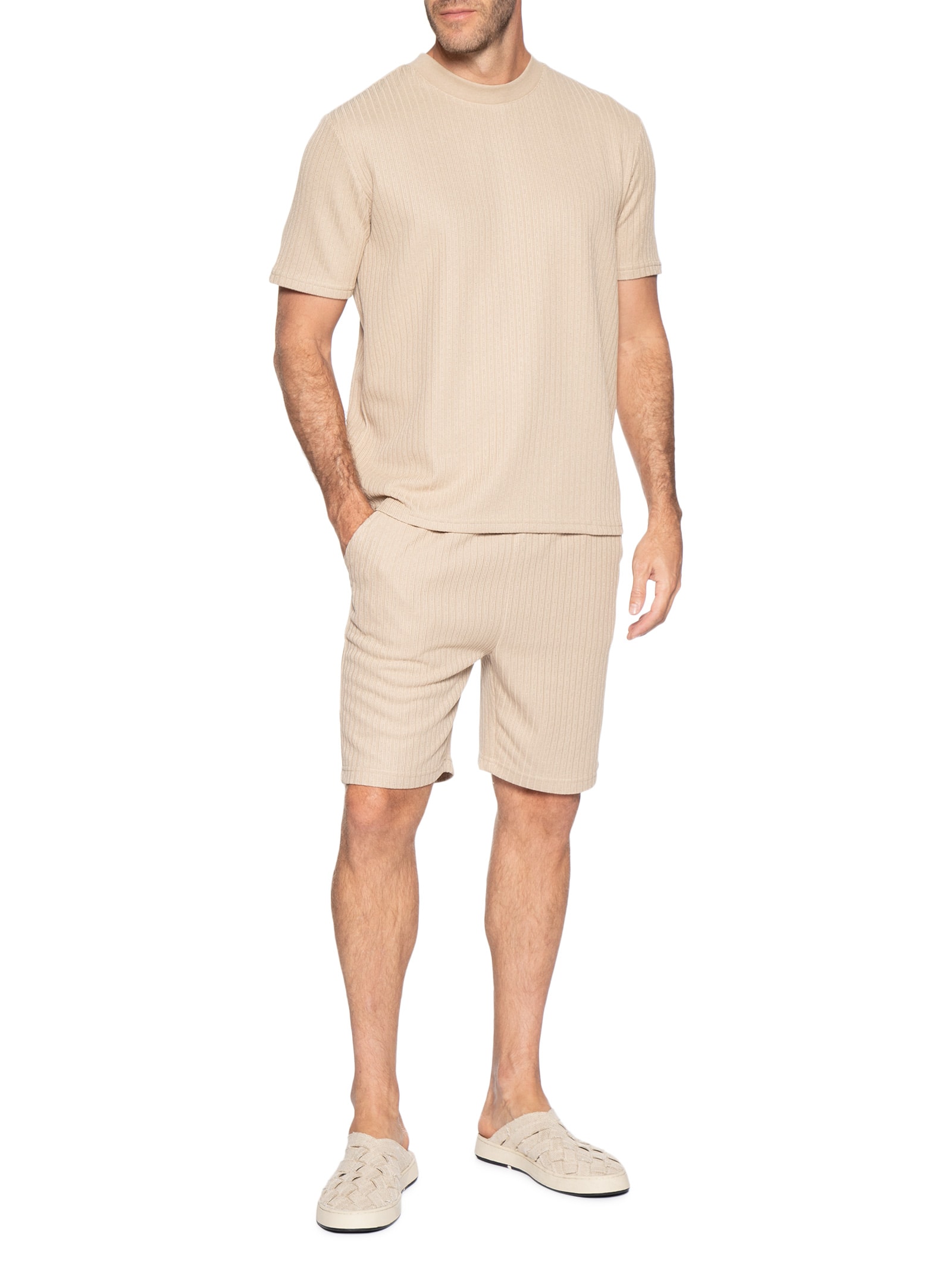 Conjunto Masculino Camiseta E Short Texturizado Bege '2 Essential