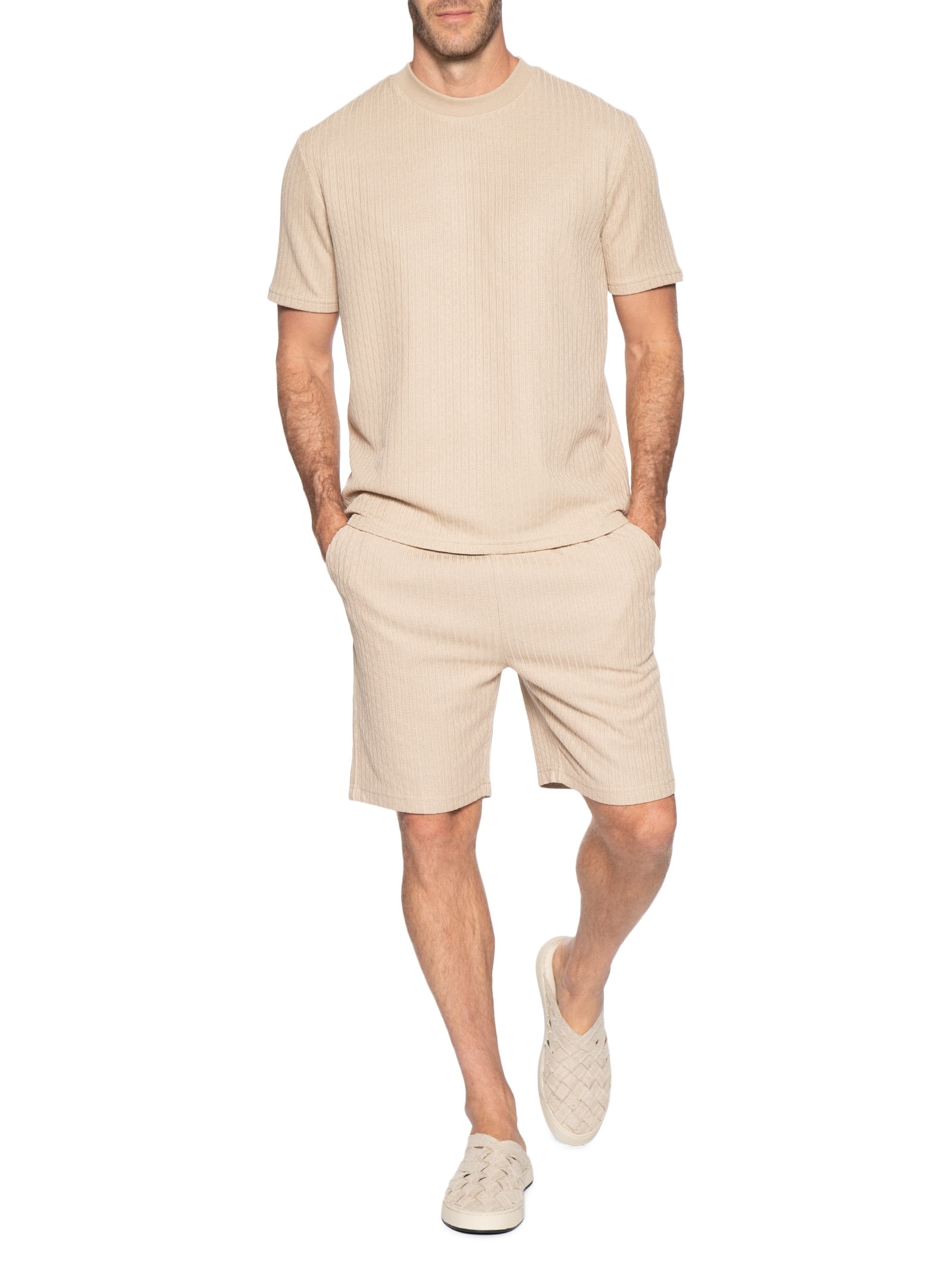 Conjunto Masculino Camiseta E Short Texturizado Bege '2 Essential