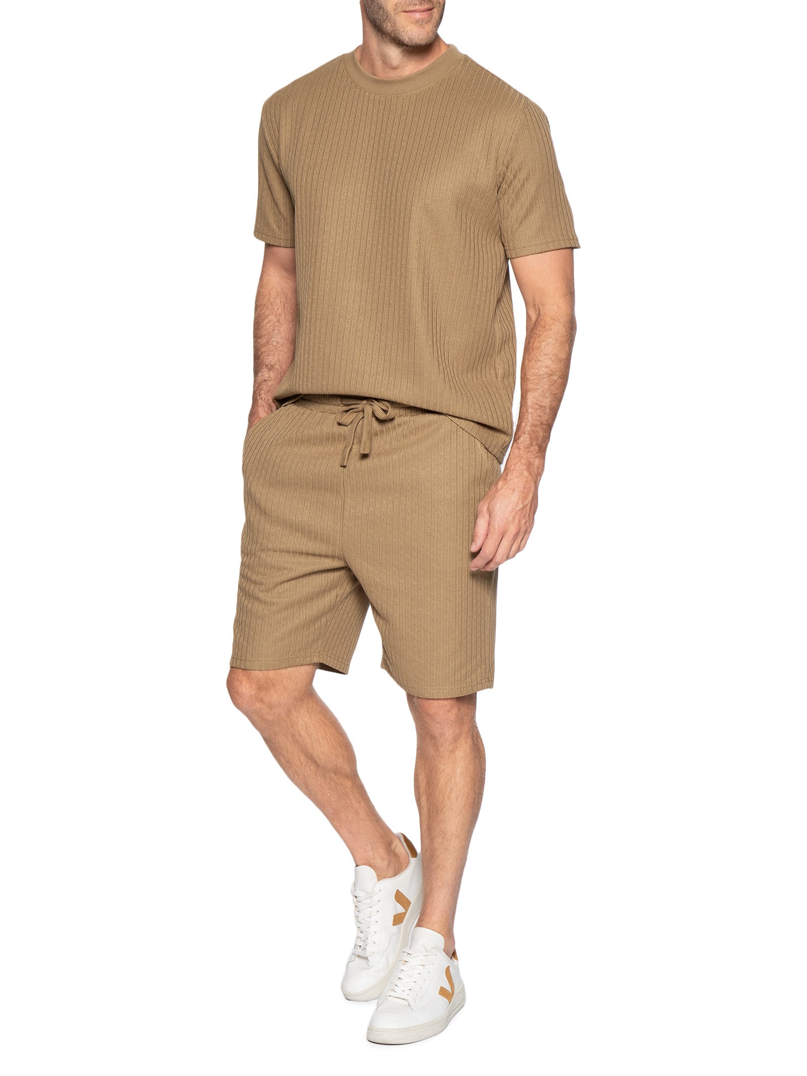 Conjunto Masculino Camiseta E Short Texturizado Marrom '2 Essential