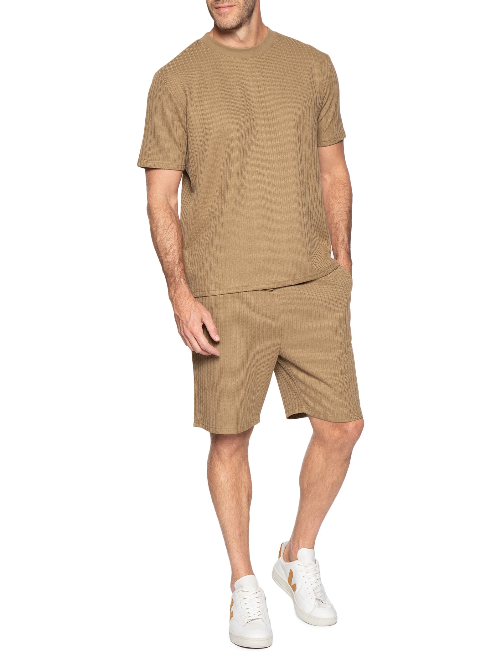 Conjunto Masculino Camiseta E Short Texturizado Marrom '2 Essential