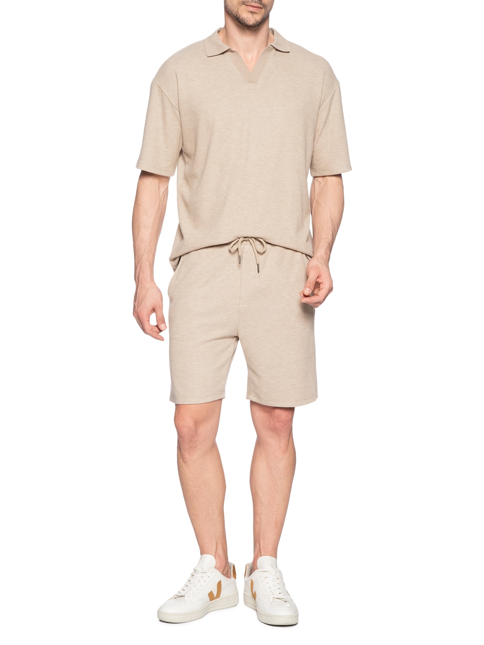 Conjunto Masculino Polo E Short Tricot Bege Basiq Men