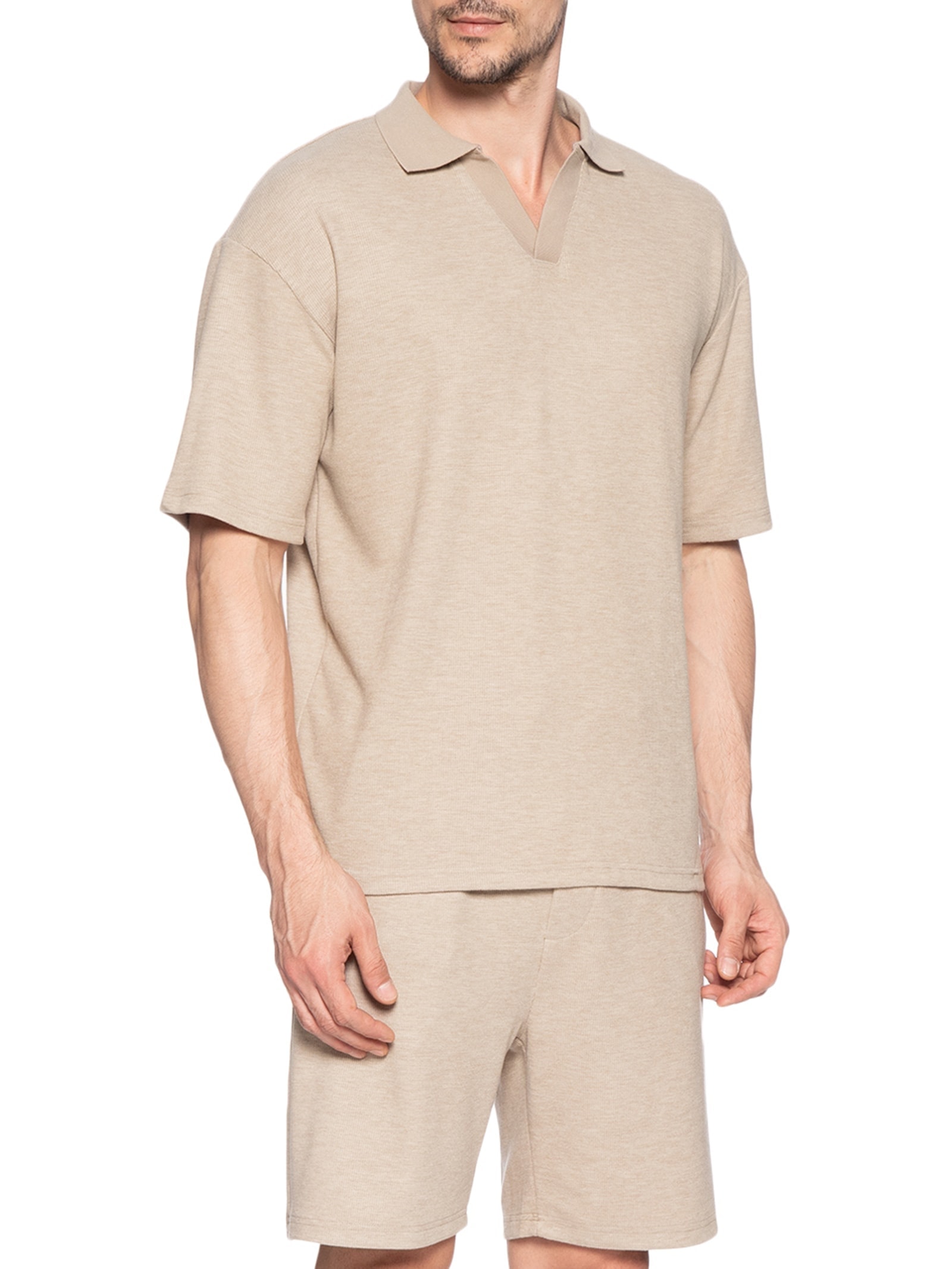 Conjunto Masculino Polo E Short Tricot Bege Basiq Men