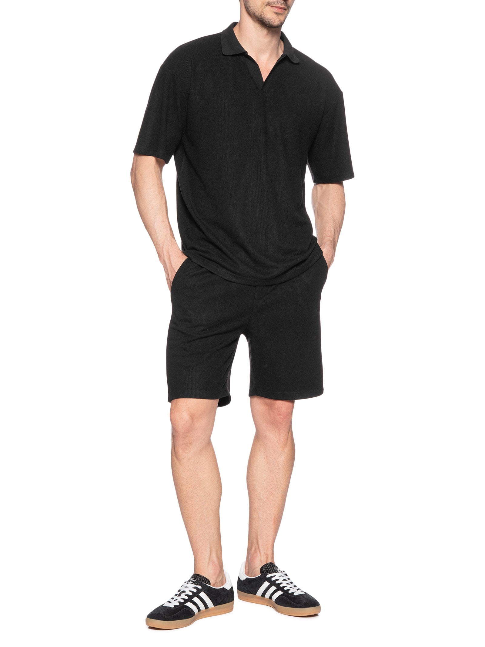 Conjunto Masculino Polo E Short Tricot Preto Basiq Men