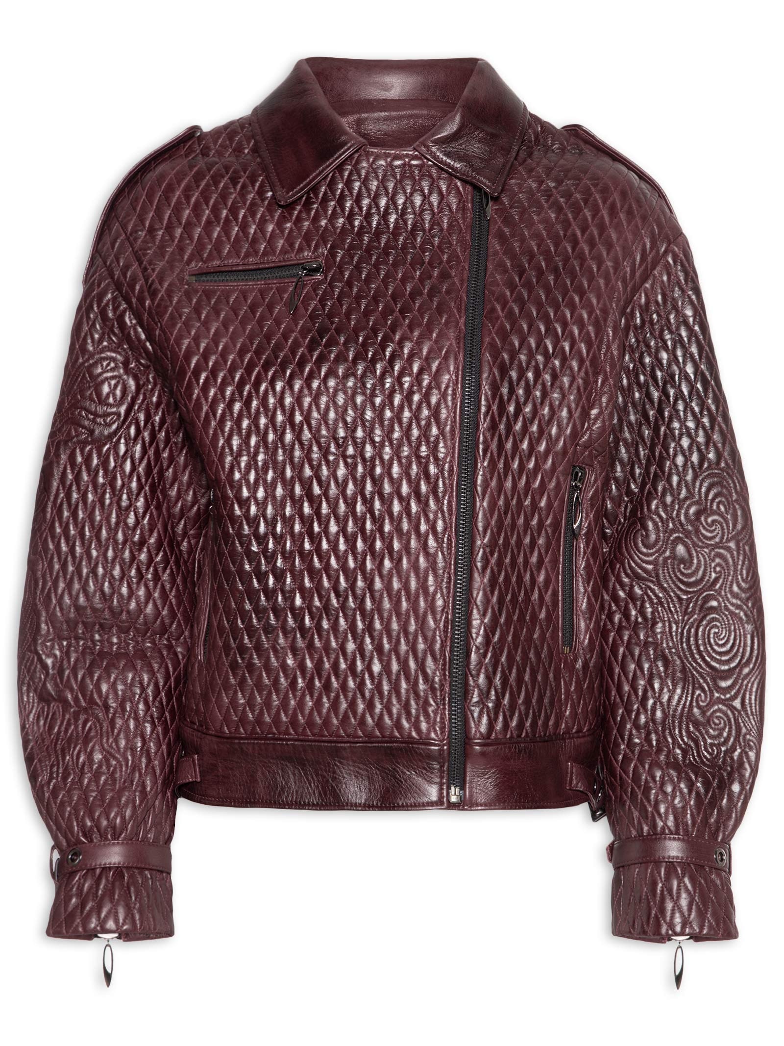 Jaqueta de Couro Feminina Oversized Com Detalhe De Matelassê Bordado Vermelho Animale
