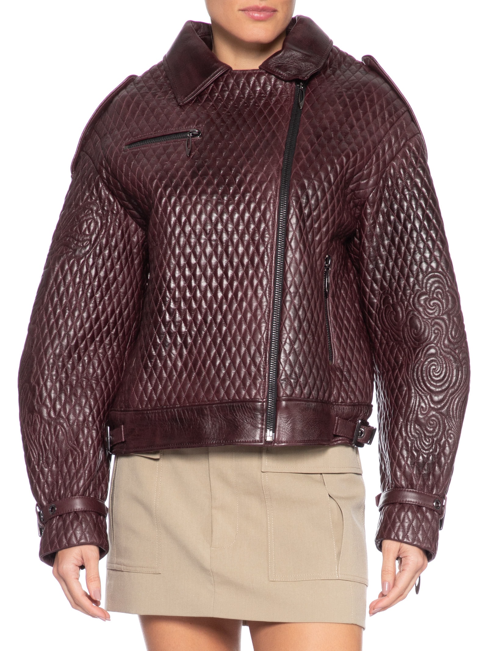 Jaqueta de Couro Feminina Oversized Com Detalhe De Matelassê Bordado Vermelho Animale