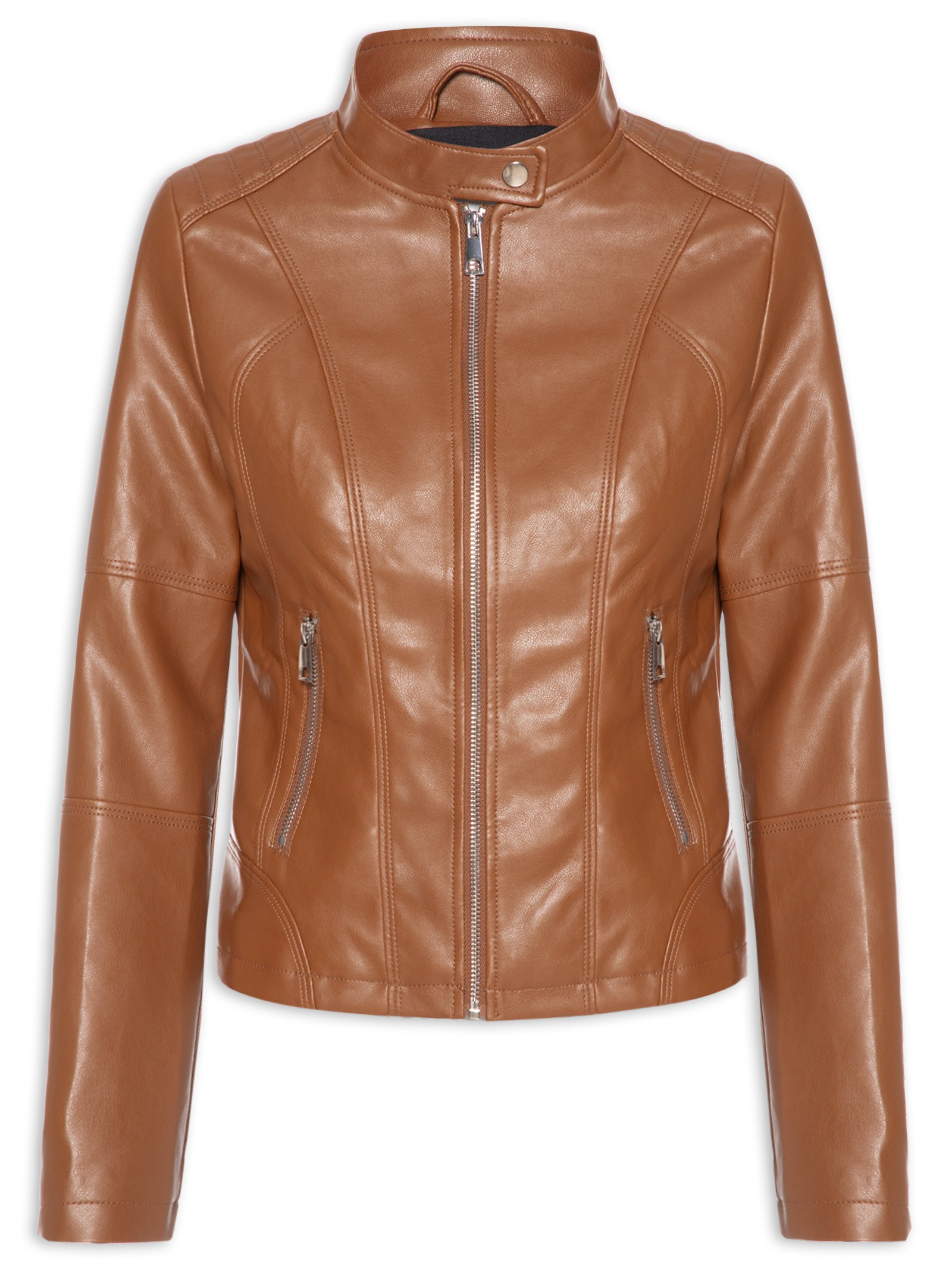 Jaqueta Feminina Biker Com Recortes Marrom Basiq