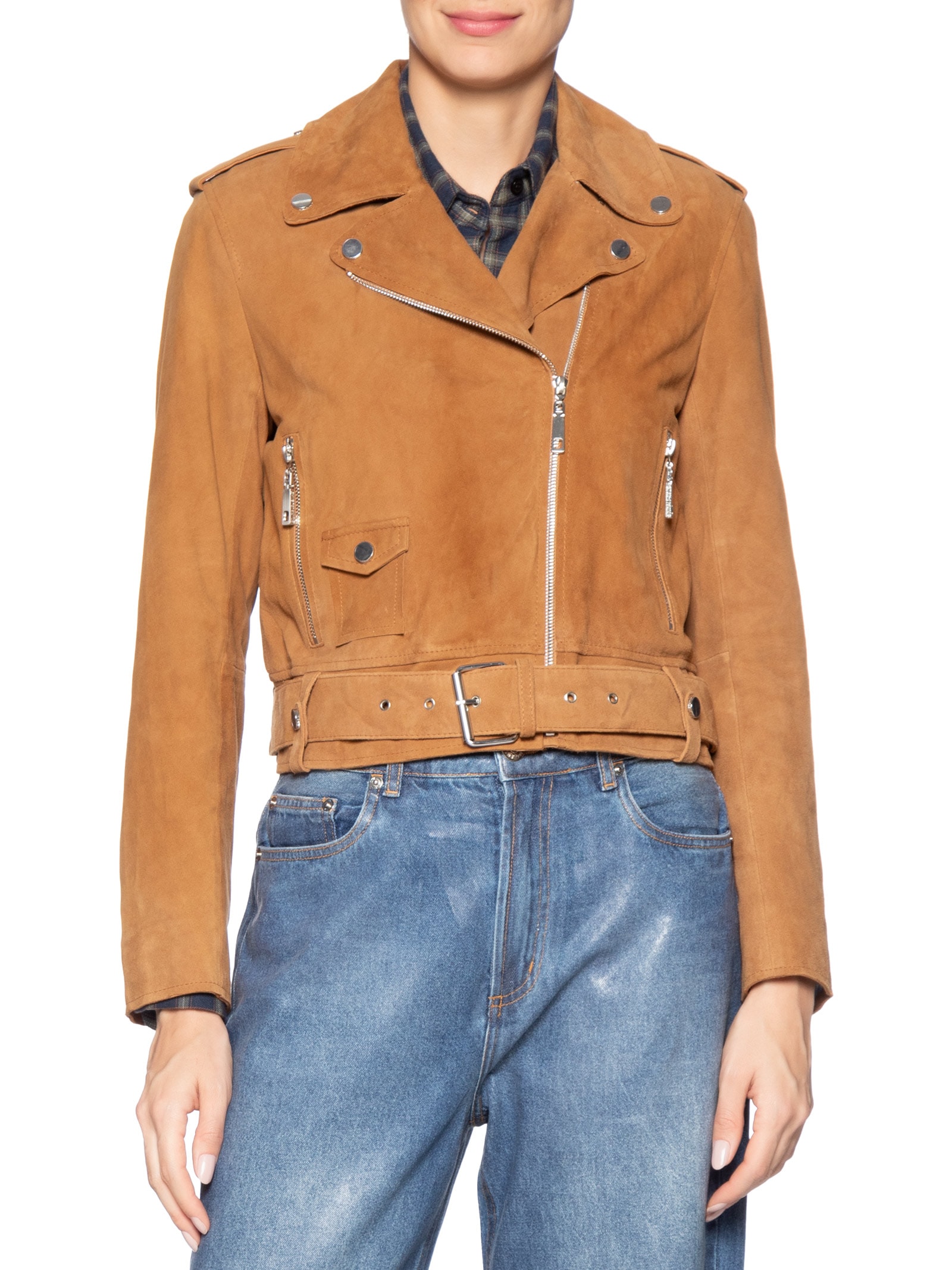 Jaqueta Feminina Biker De Suede Com Cinto Marrom Animale Jeans