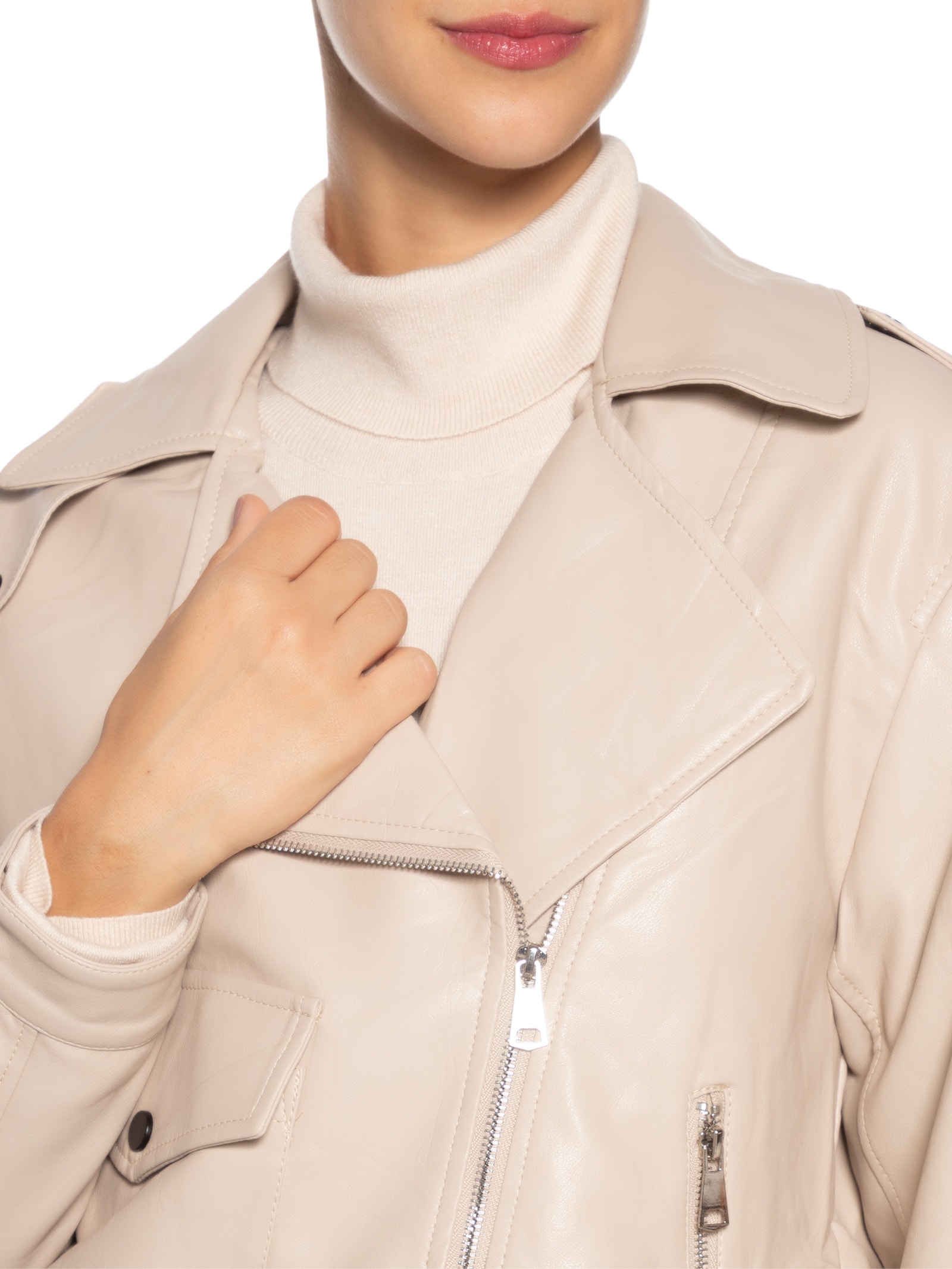 Jaqueta Feminina Biker Oversized Bege Basiq