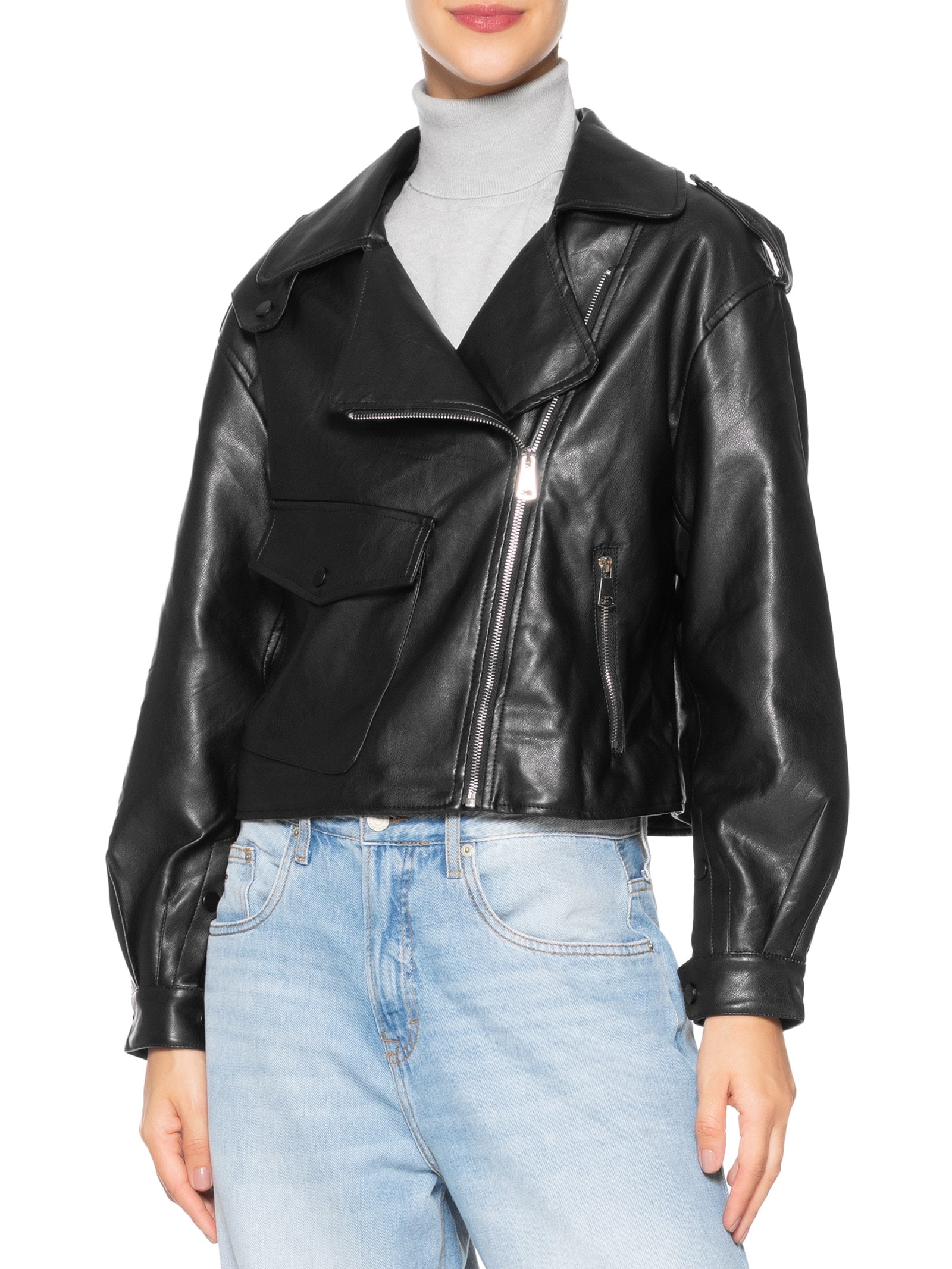 Jaqueta Feminina Biker Oversized Preto Basiq
