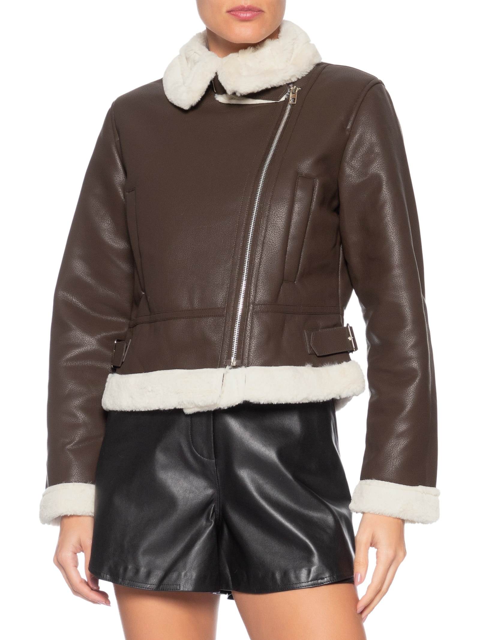 Jaqueta Feminina Biker Peluciada Marrom Market 33