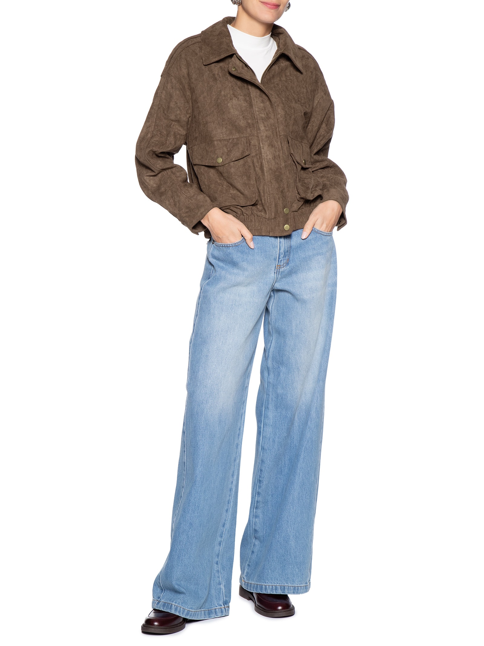 Jaqueta Feminina Bomber Com Bolso Marrom Basiq