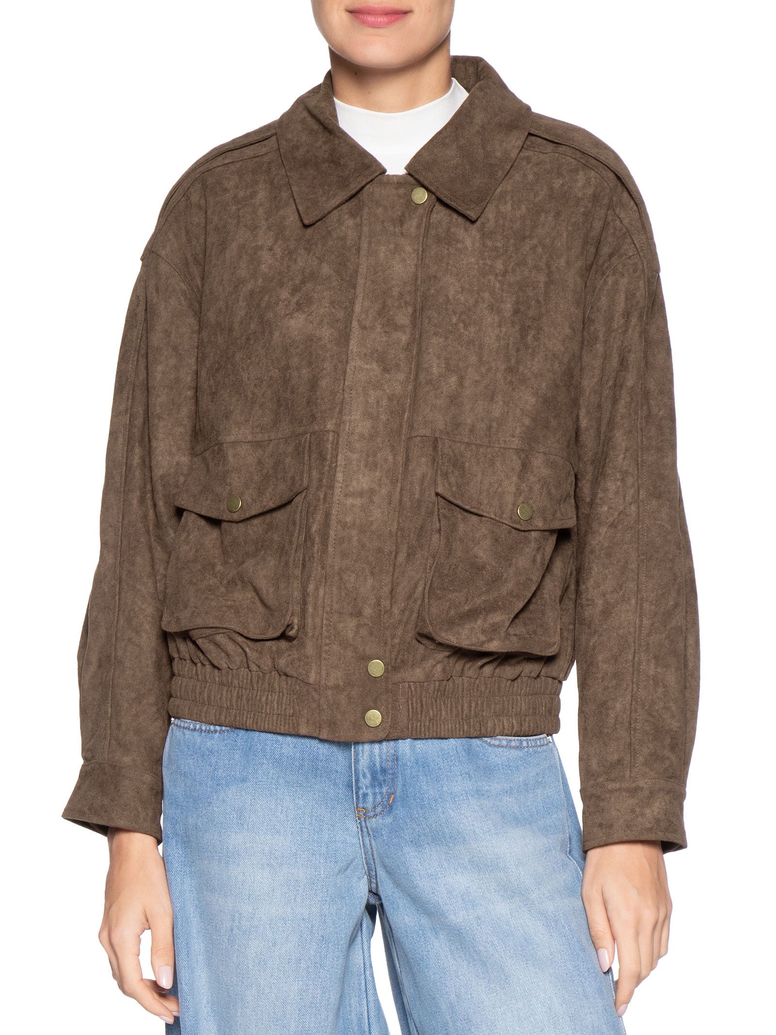 Jaqueta Feminina Bomber Com Bolso Marrom Basiq