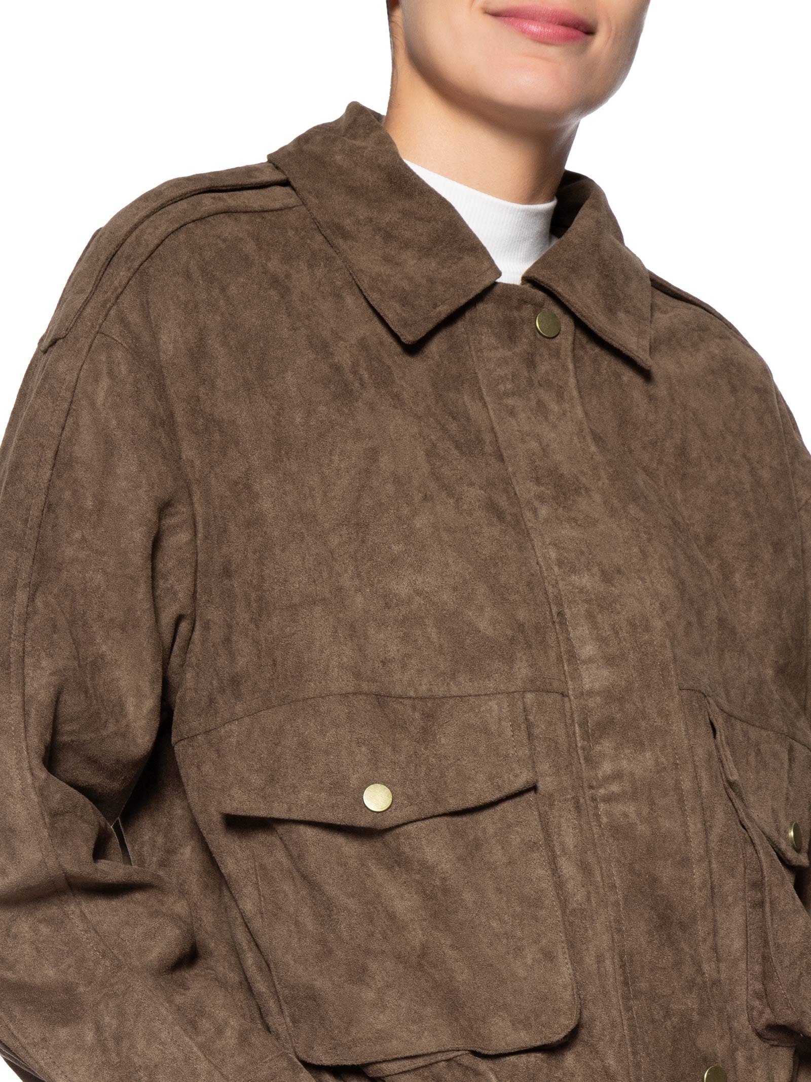 Jaqueta Feminina Bomber Com Bolso Marrom Basiq