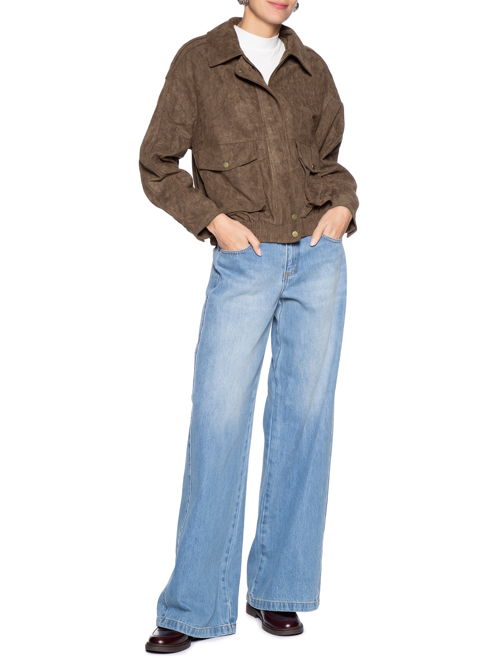Jaqueta Feminina Bomber Com Bolso Marrom Basiq