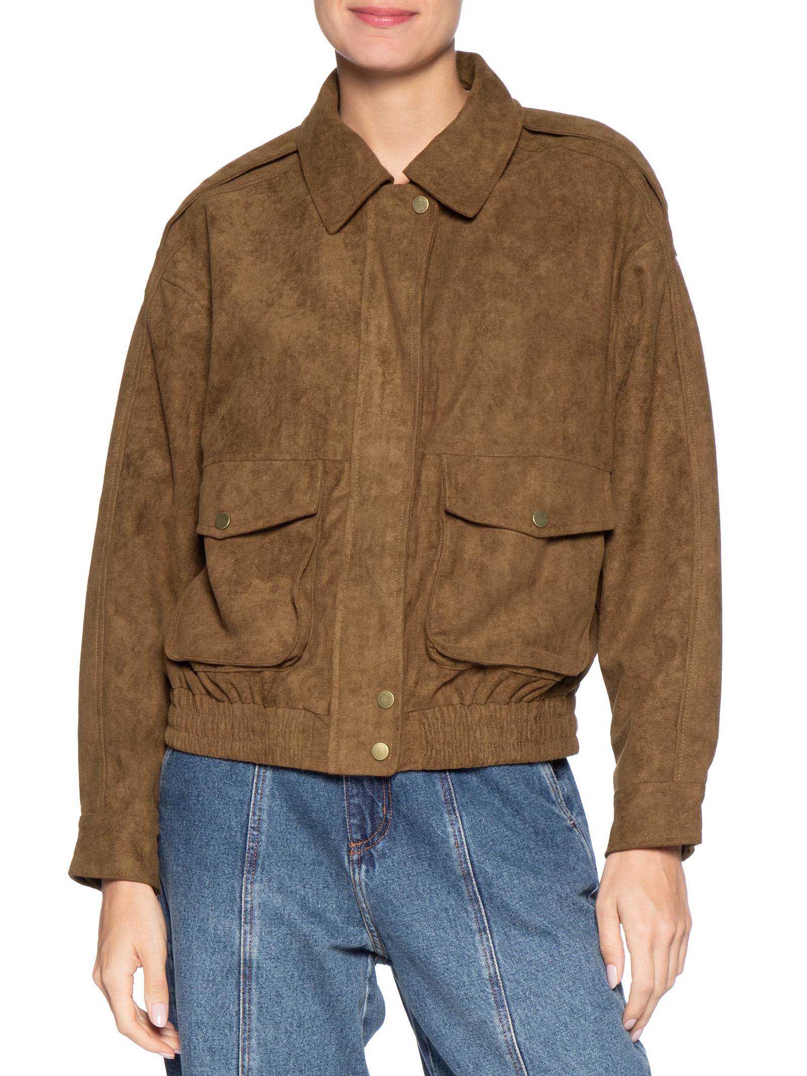 Jaqueta Feminina Bomber Com Bolso Marrom Basiq