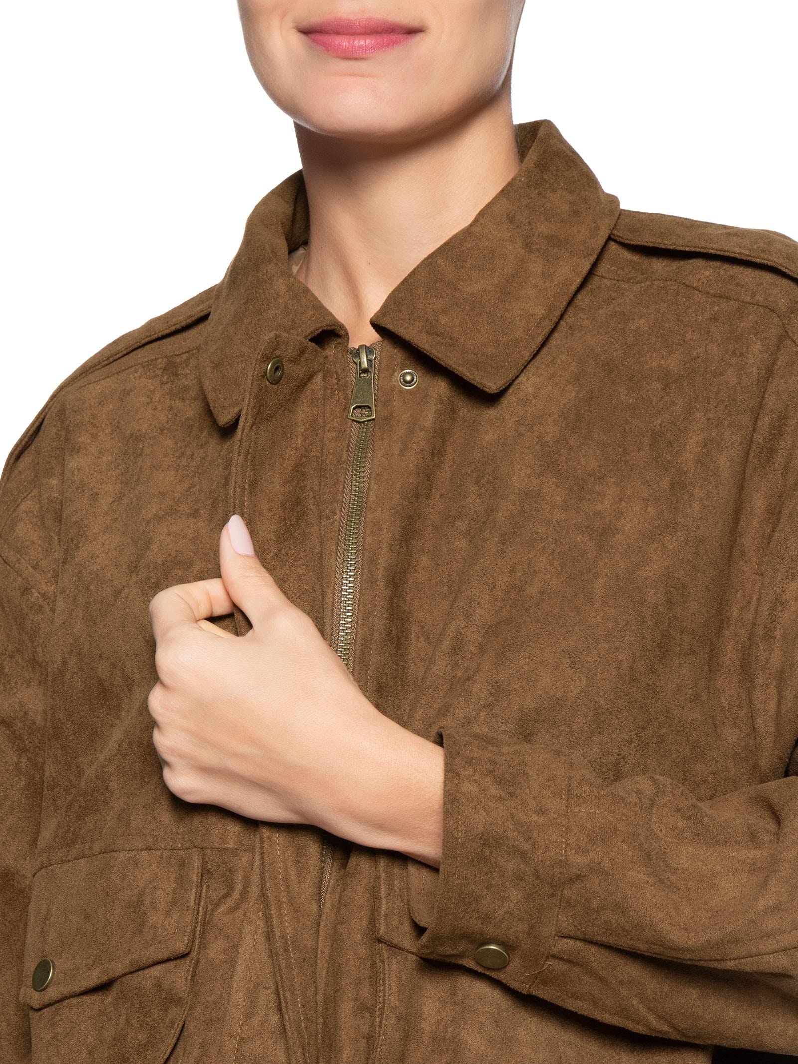 Jaqueta Feminina Bomber Com Bolso Marrom Basiq