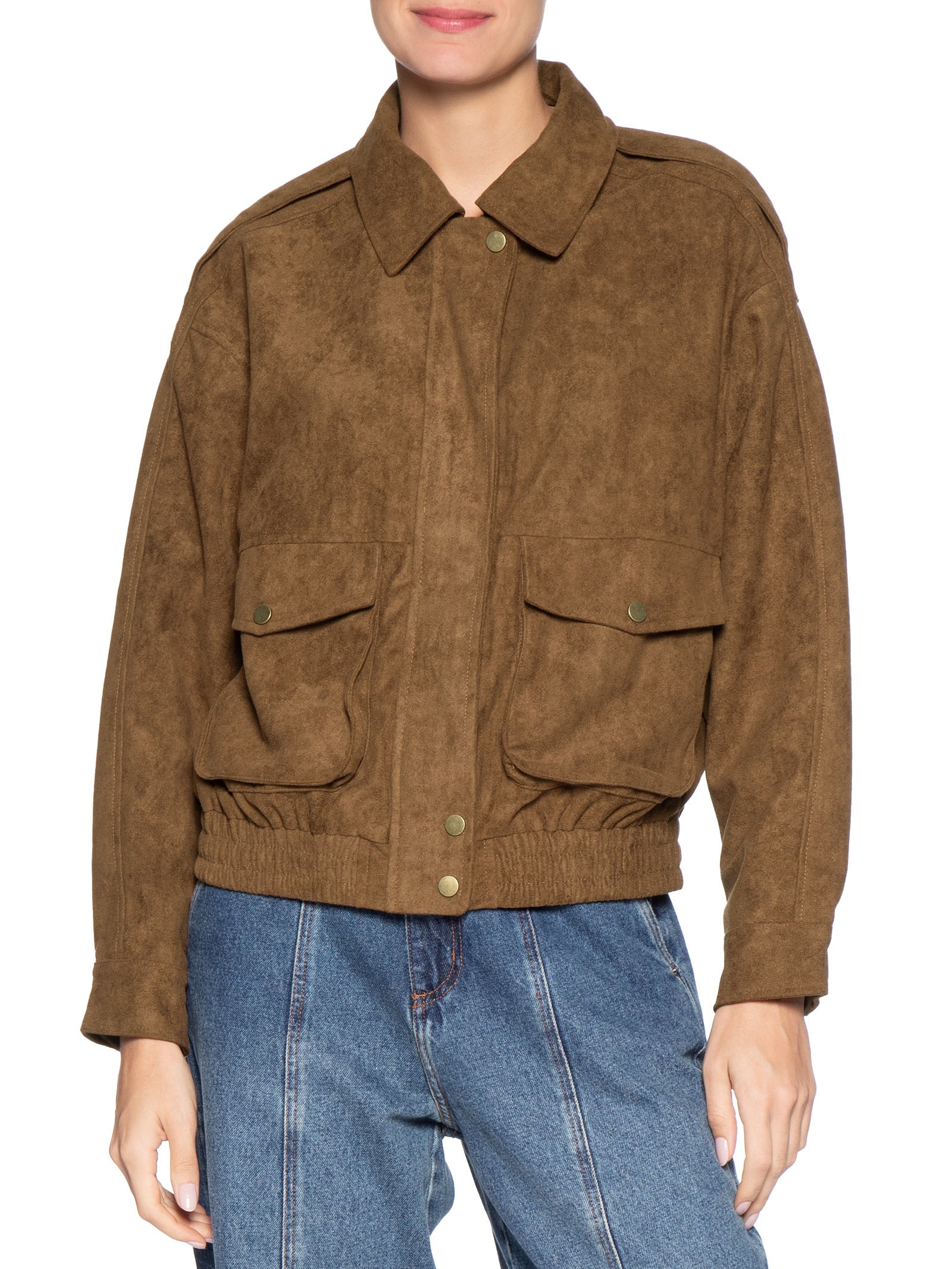 Jaqueta Feminina Bomber Com Bolso Marrom Basiq