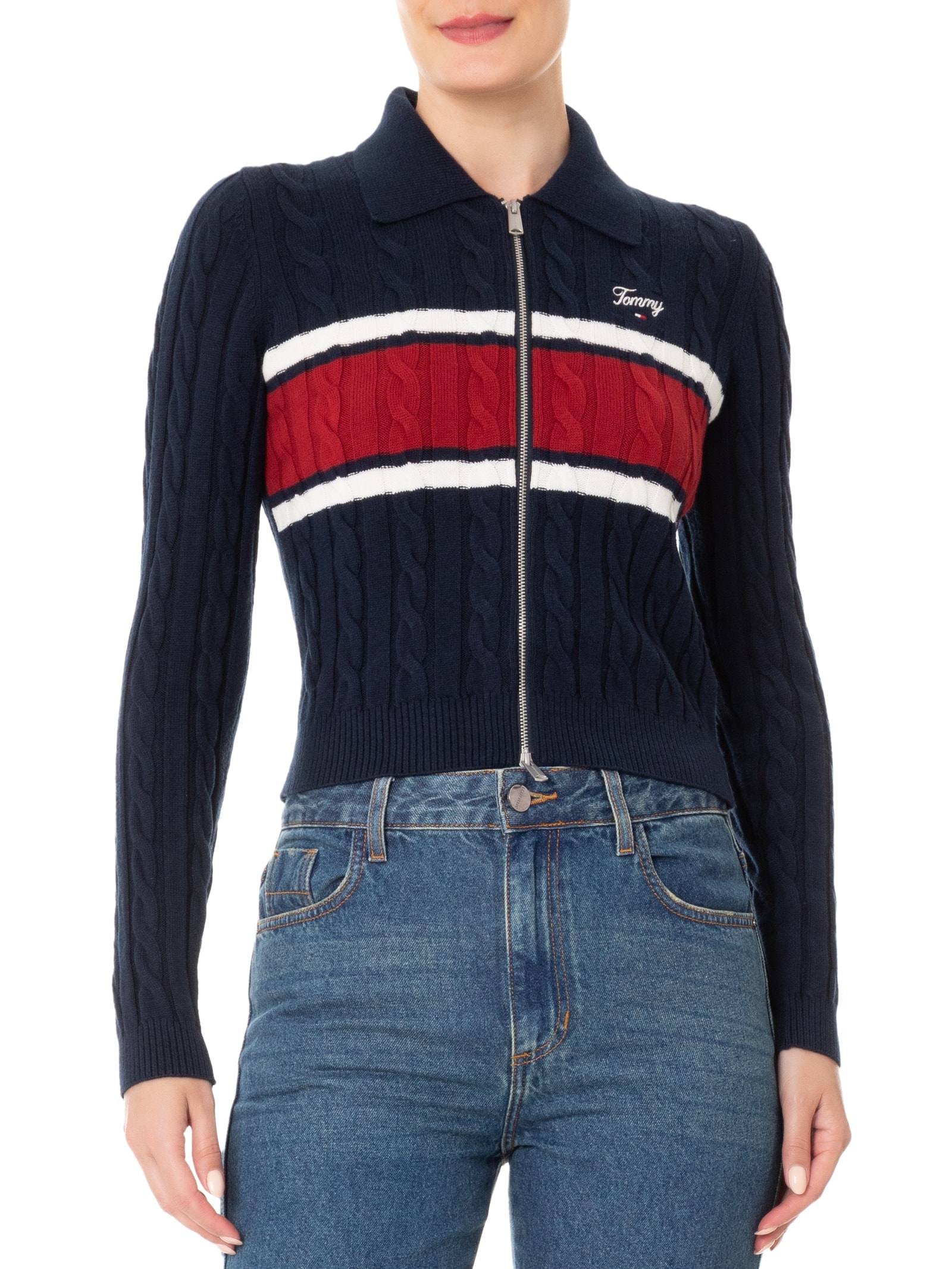 Tommy Jeans - Jaqueta Feminina CLBLK Zip Thru Cardigan - Azul