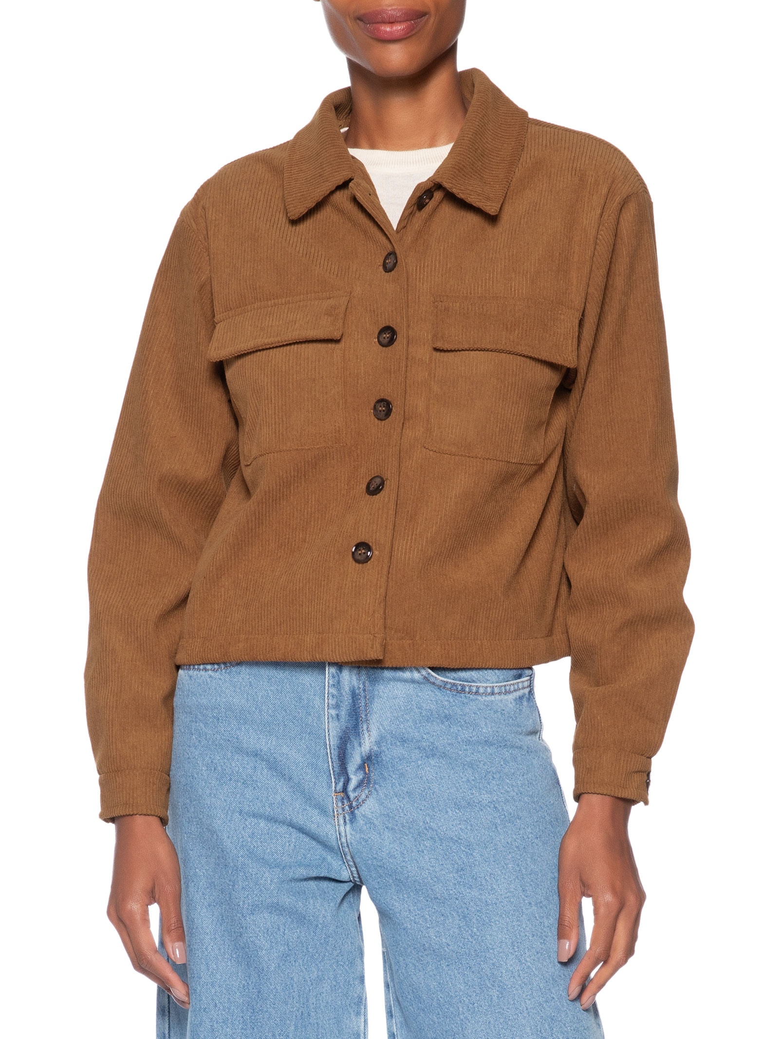 Jaqueta Feminina Com Bolso Bege Basiq