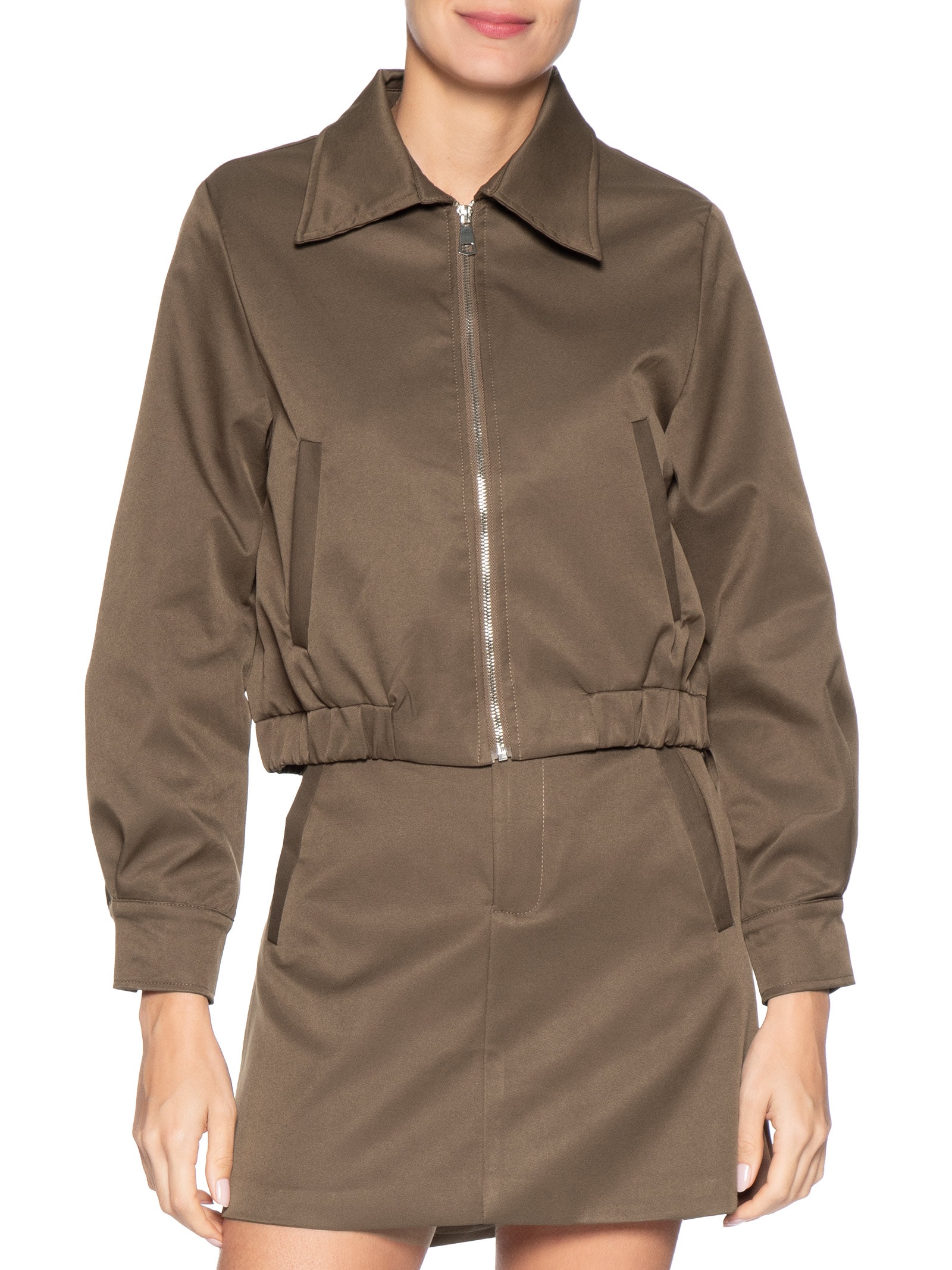 Jaqueta Feminina Com Bolso E Elástico Marrom Basiq