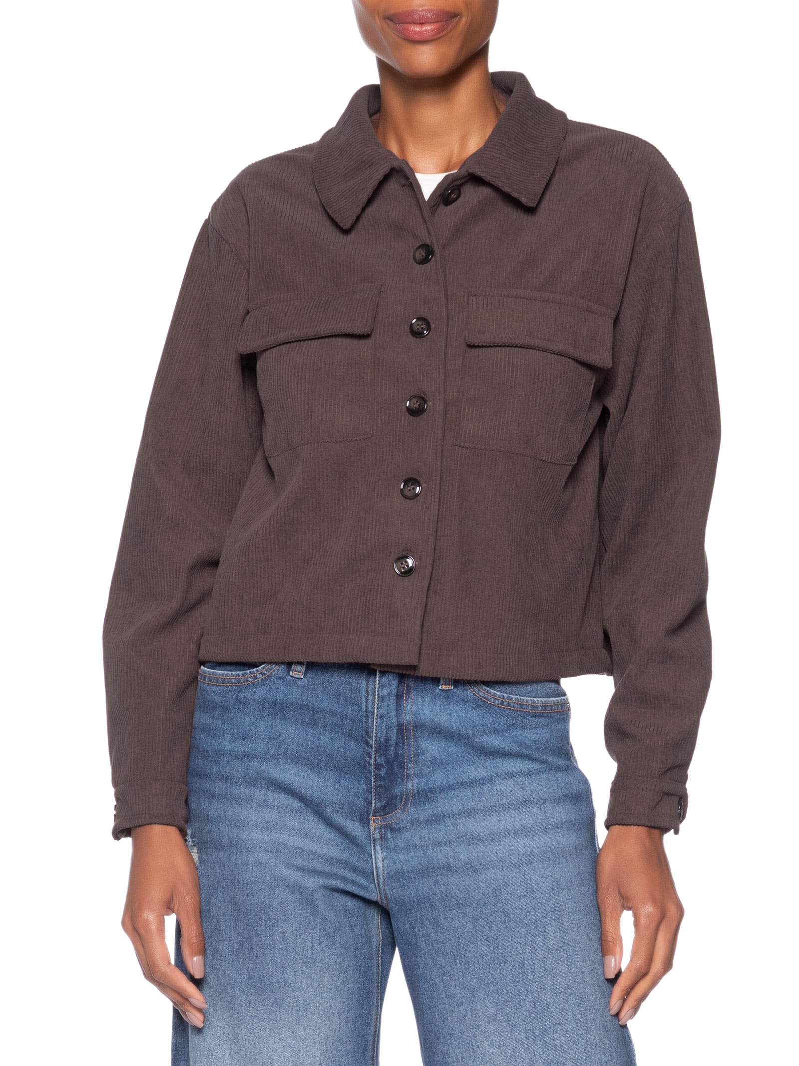 Jaqueta Feminina Com Bolso Marrom Basiq