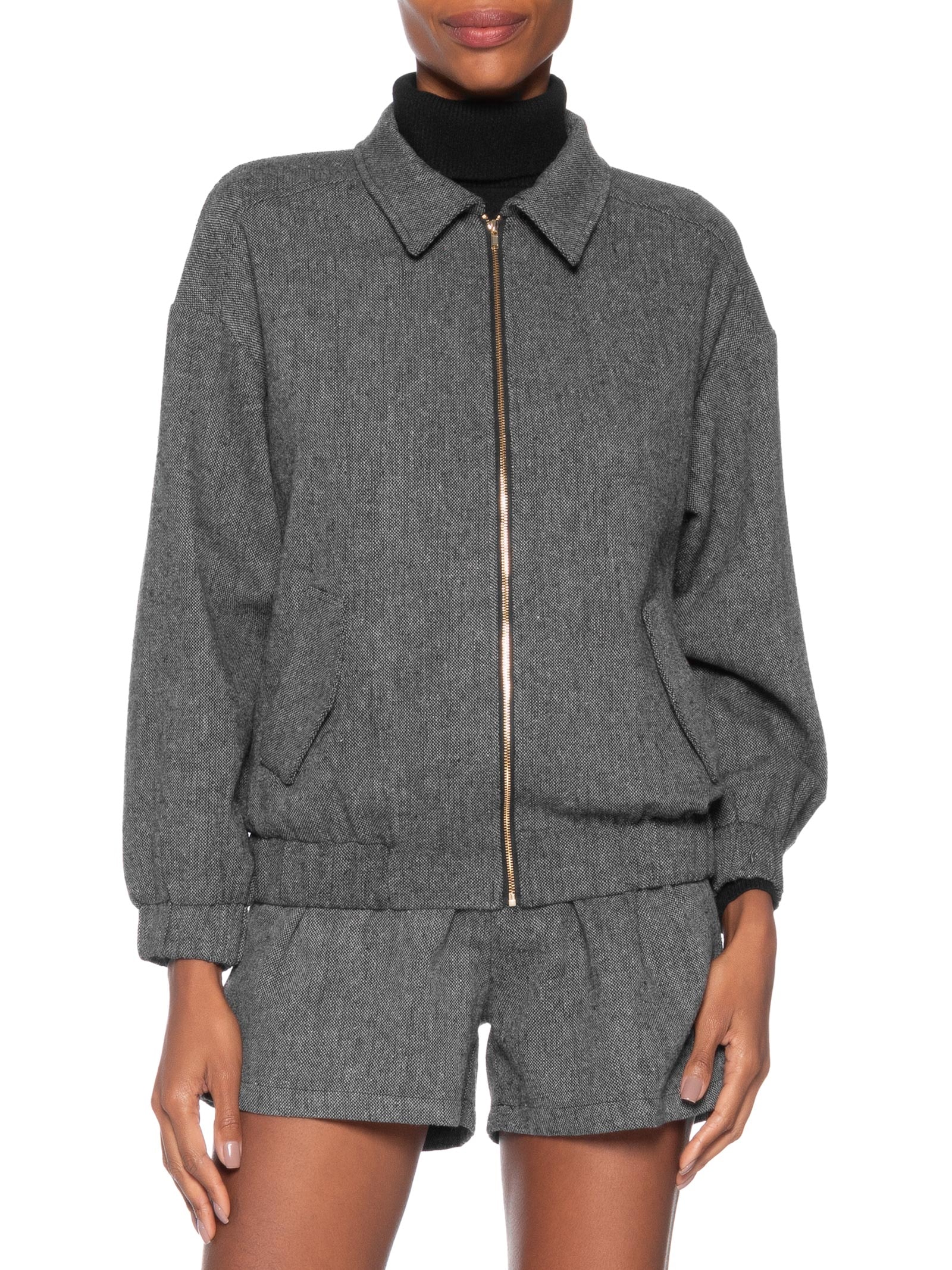 Jaqueta Feminina Com Bolsos Frontais Cinza Market 33