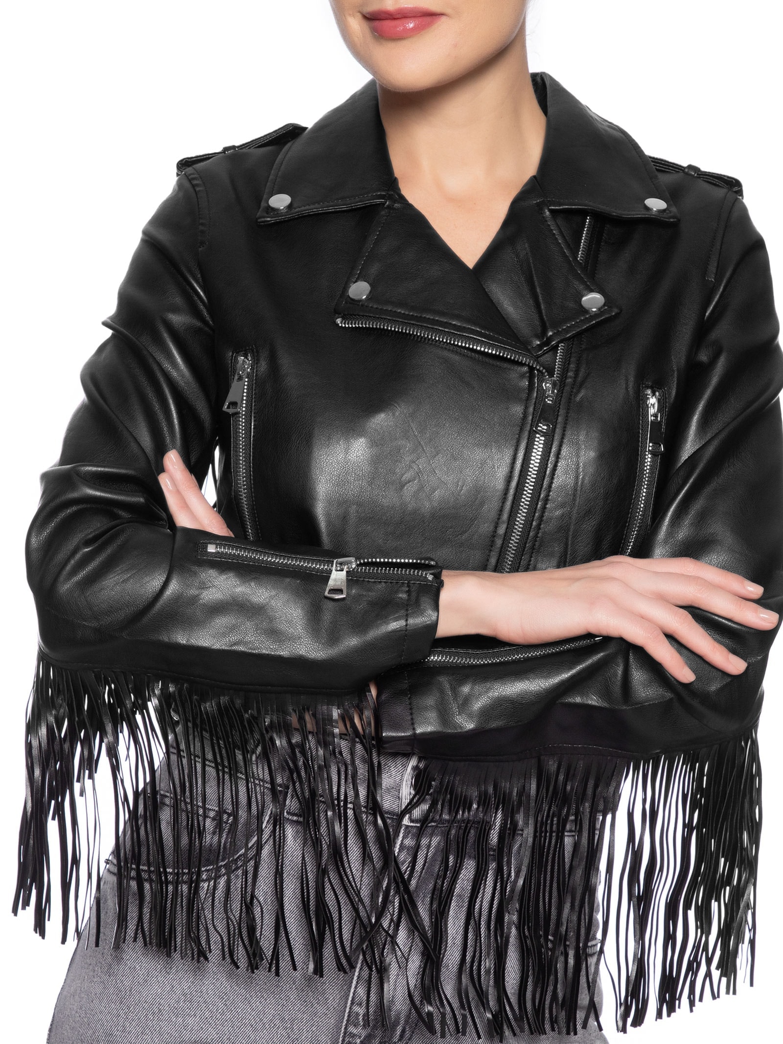 Jaqueta Feminina Com Franjas Preto Market 33