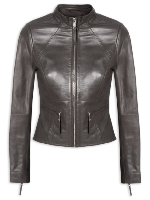 Jaqueta Feminina Couro Com Zíper – Cinza
