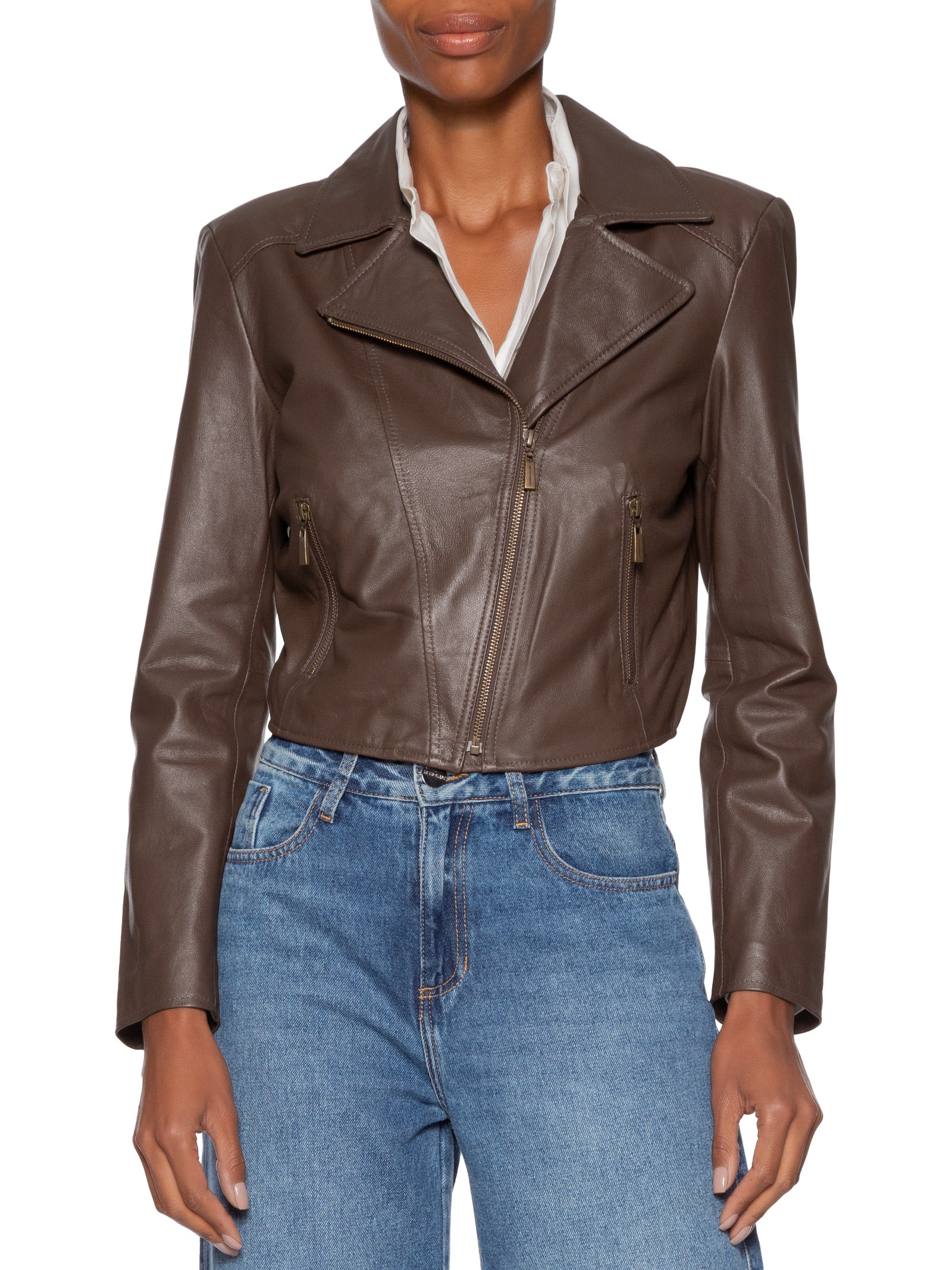 Jaqueta Feminina Couro Perfecto Francis Marrom Studio Kalline