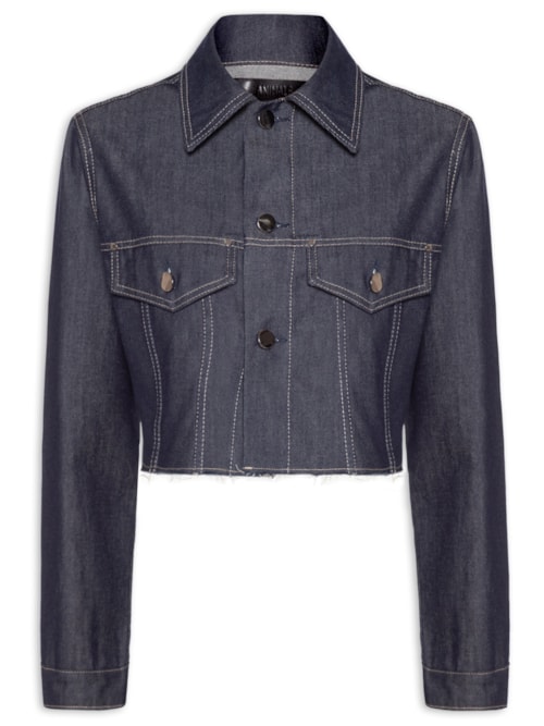 Jaqueta Feminina Cropped Bolsos Jeans – Azul