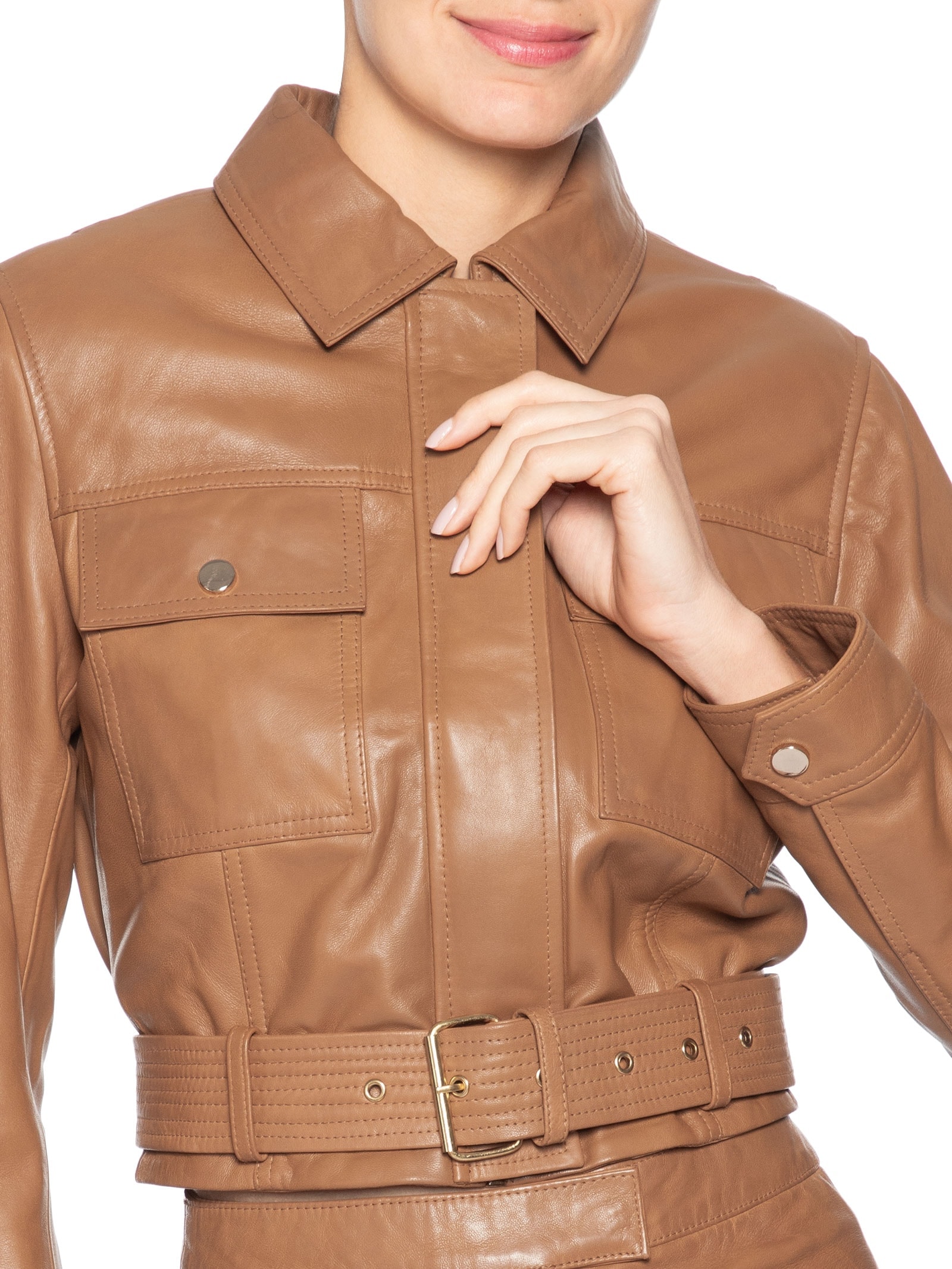 Jaqueta Feminina Cropped Em Couro Marrom '2Essential