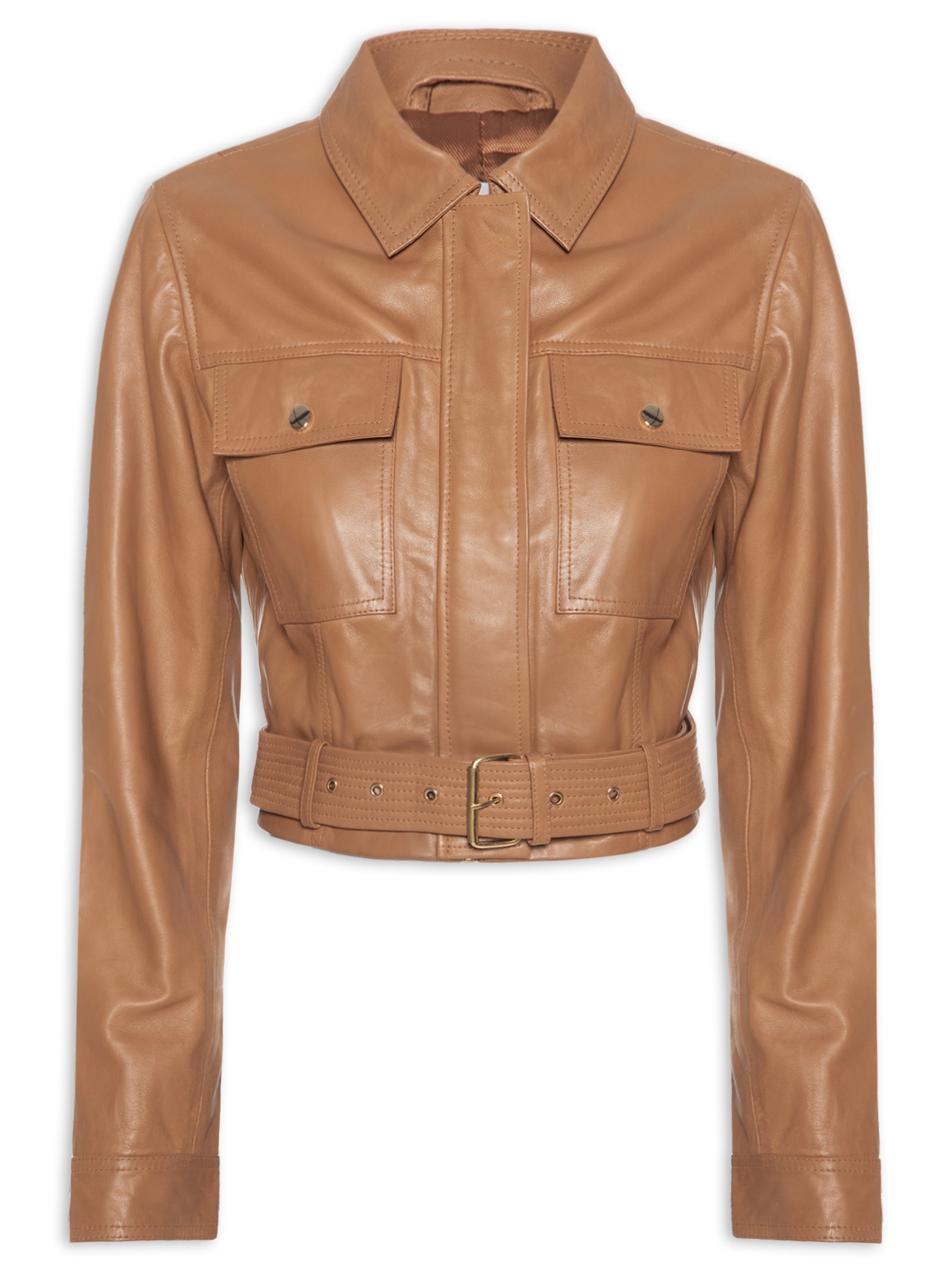 Jaqueta Feminina Cropped Em Couro Marrom '2Essential