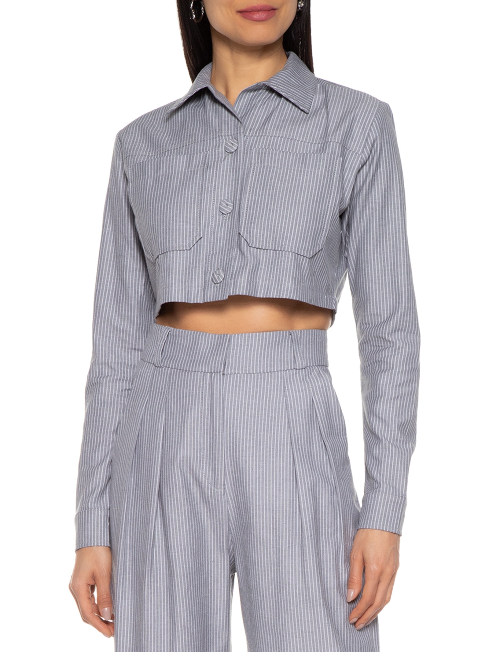 Jaqueta Feminina Cropped Manga Longa Cinza Market 33