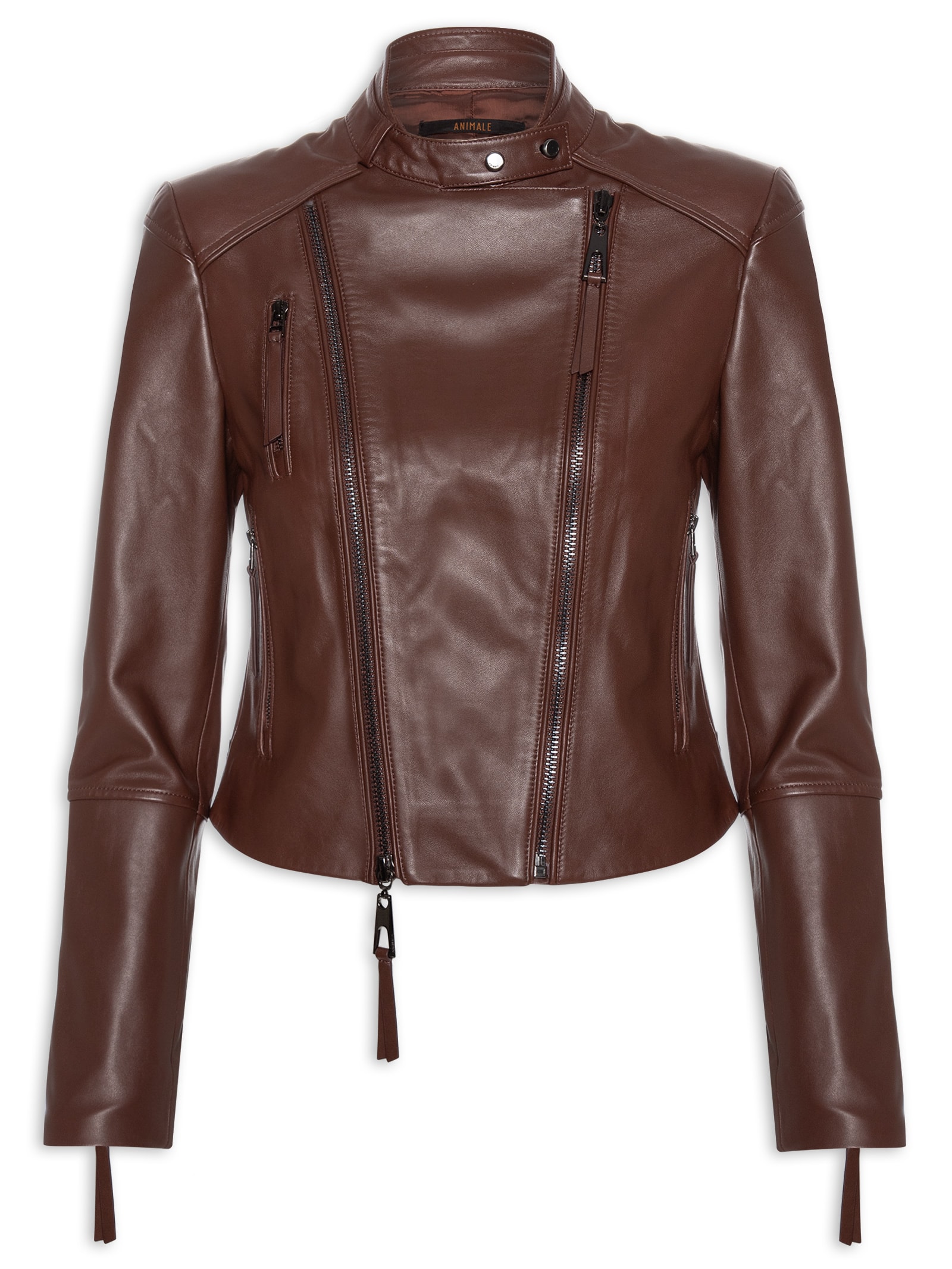 Animale Jaqueta Feminina De Couro Duplo Zíper Marrom