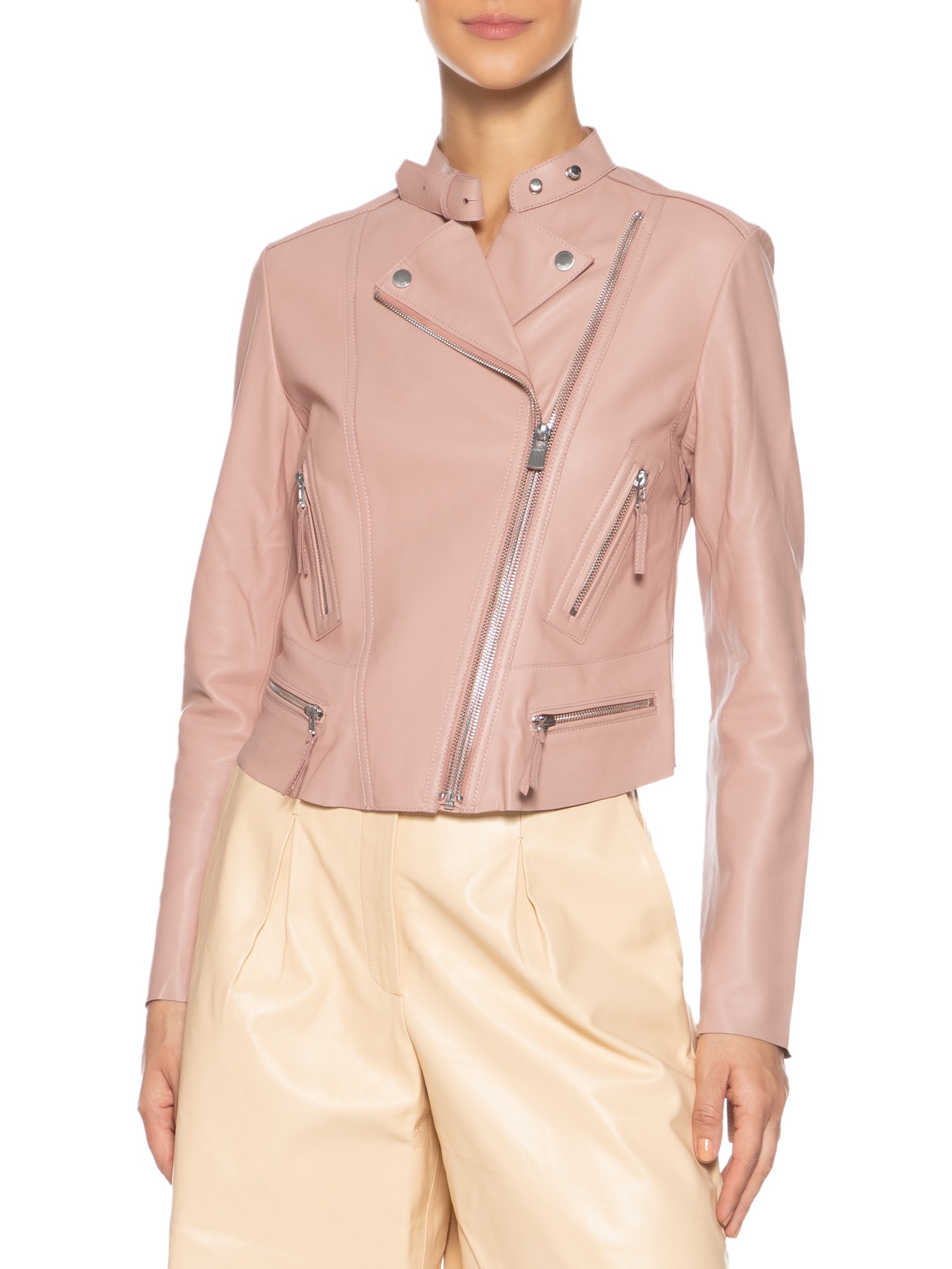 Jaqueta Feminina De Couro Motor Classic Rosa Animale