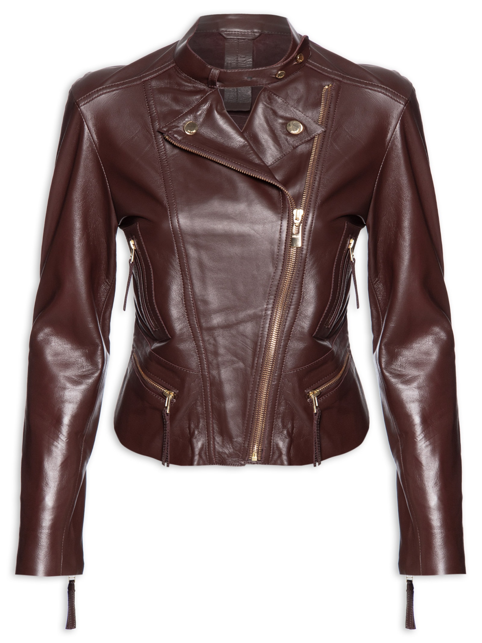 Jaqueta Feminina De Couro Motor Clássica Color Marrom Animale