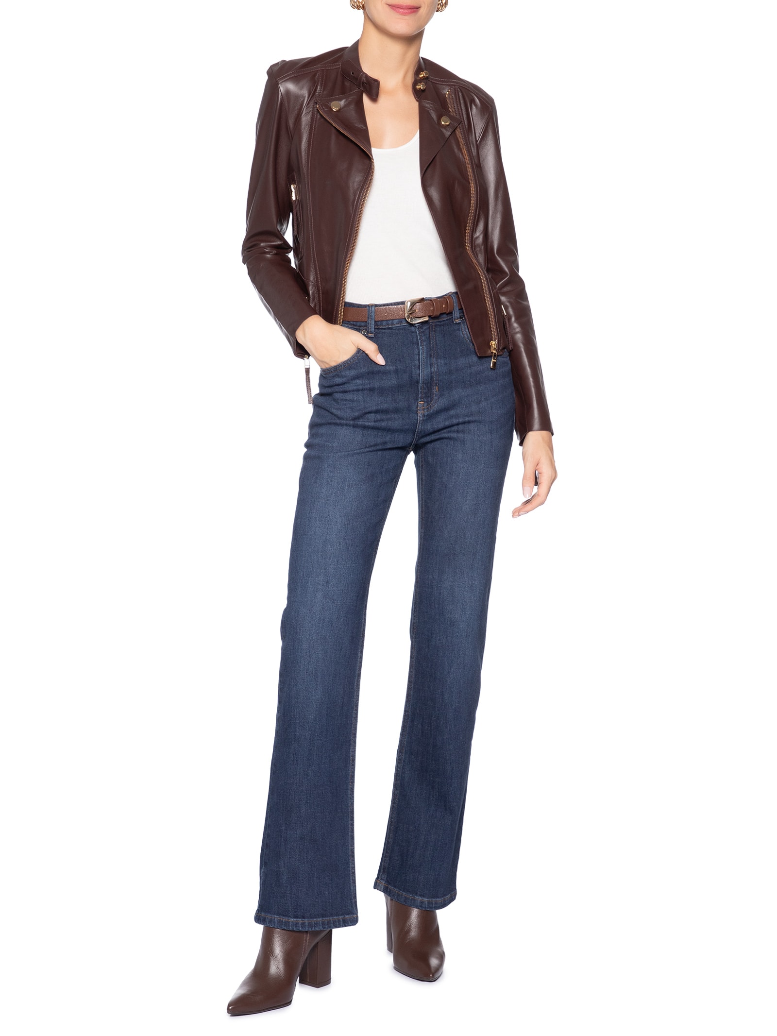 Jaqueta Feminina De Couro Motor Clássica Color Marrom Animale