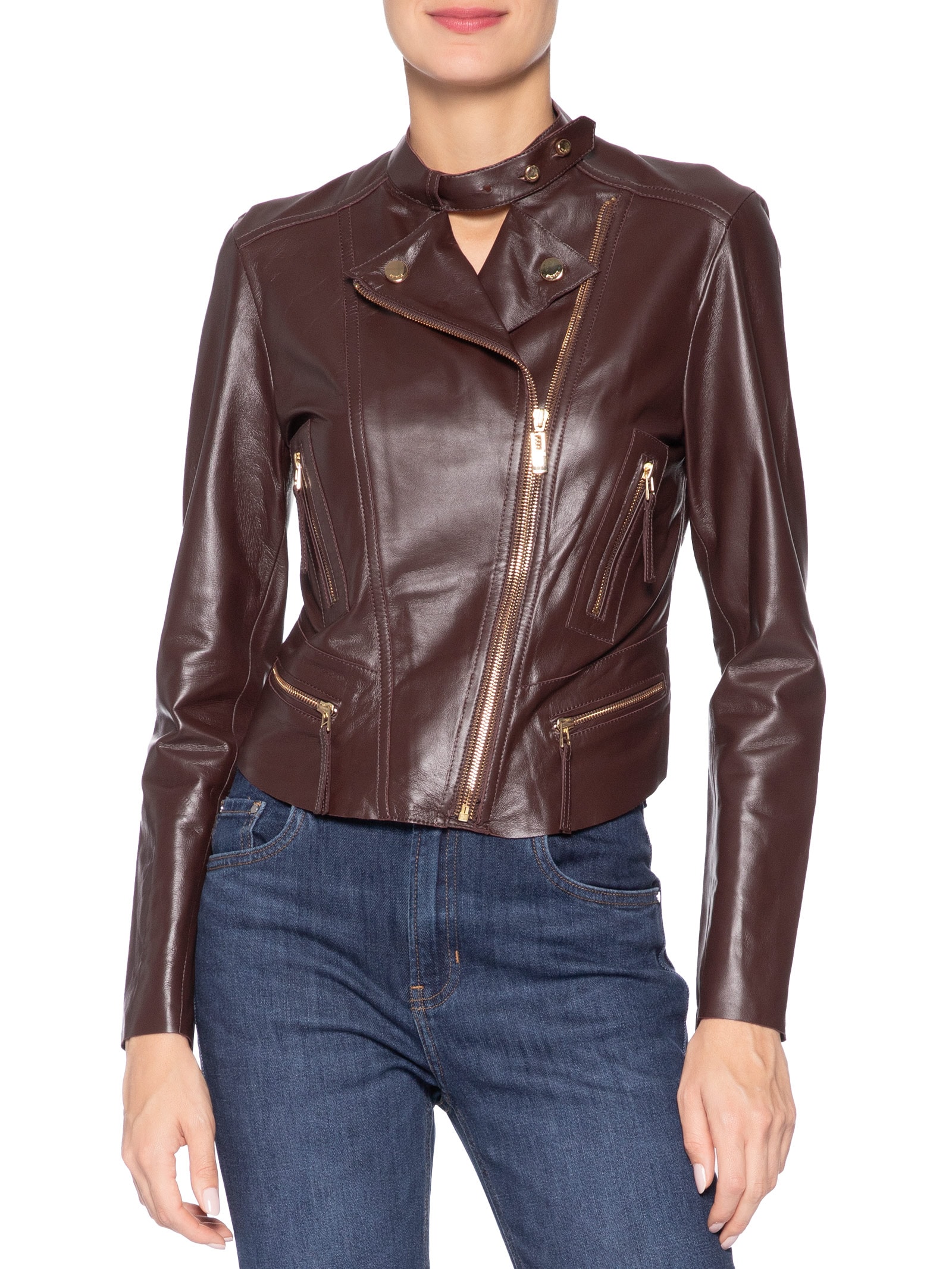 Jaqueta Feminina De Couro Motor Clássica Color Marrom Animale