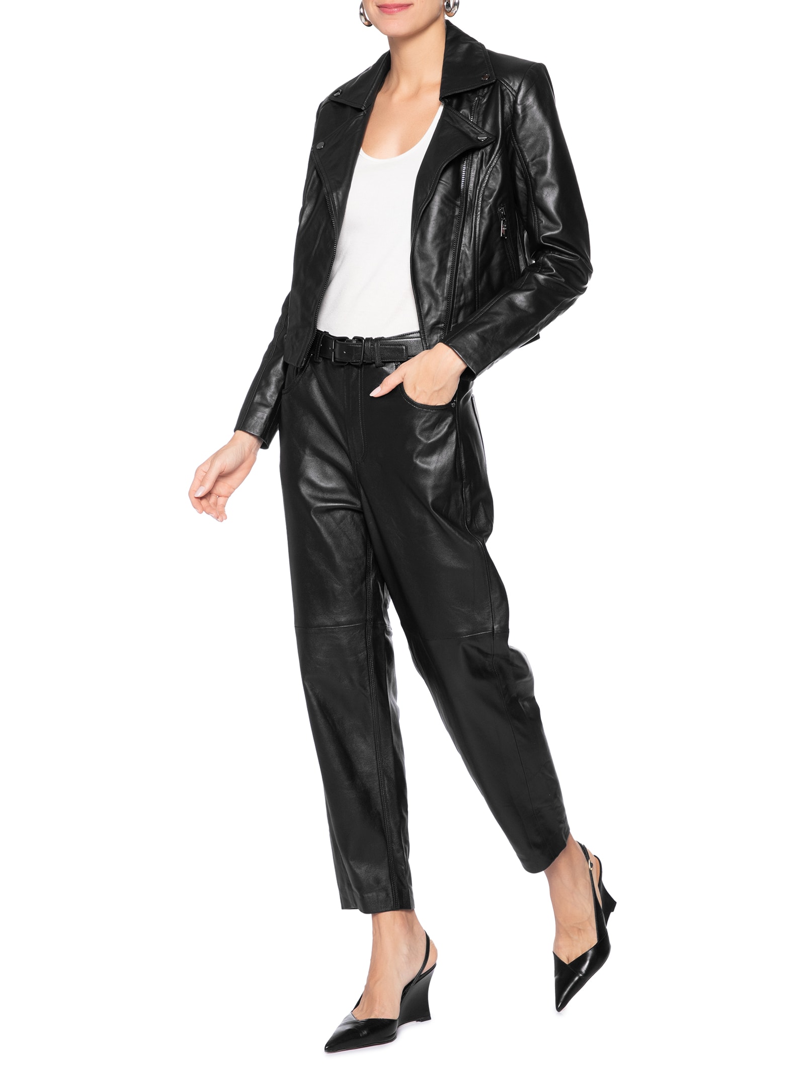 Jaqueta Feminina De Couro Motor Furadinha Preto Animale