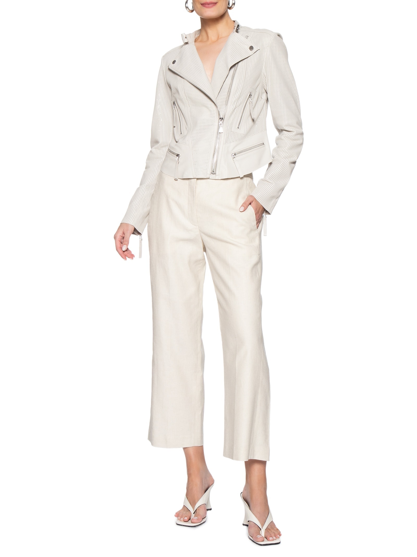 Jaqueta Feminina de Couro Motor Furadinha  – Branco Animale