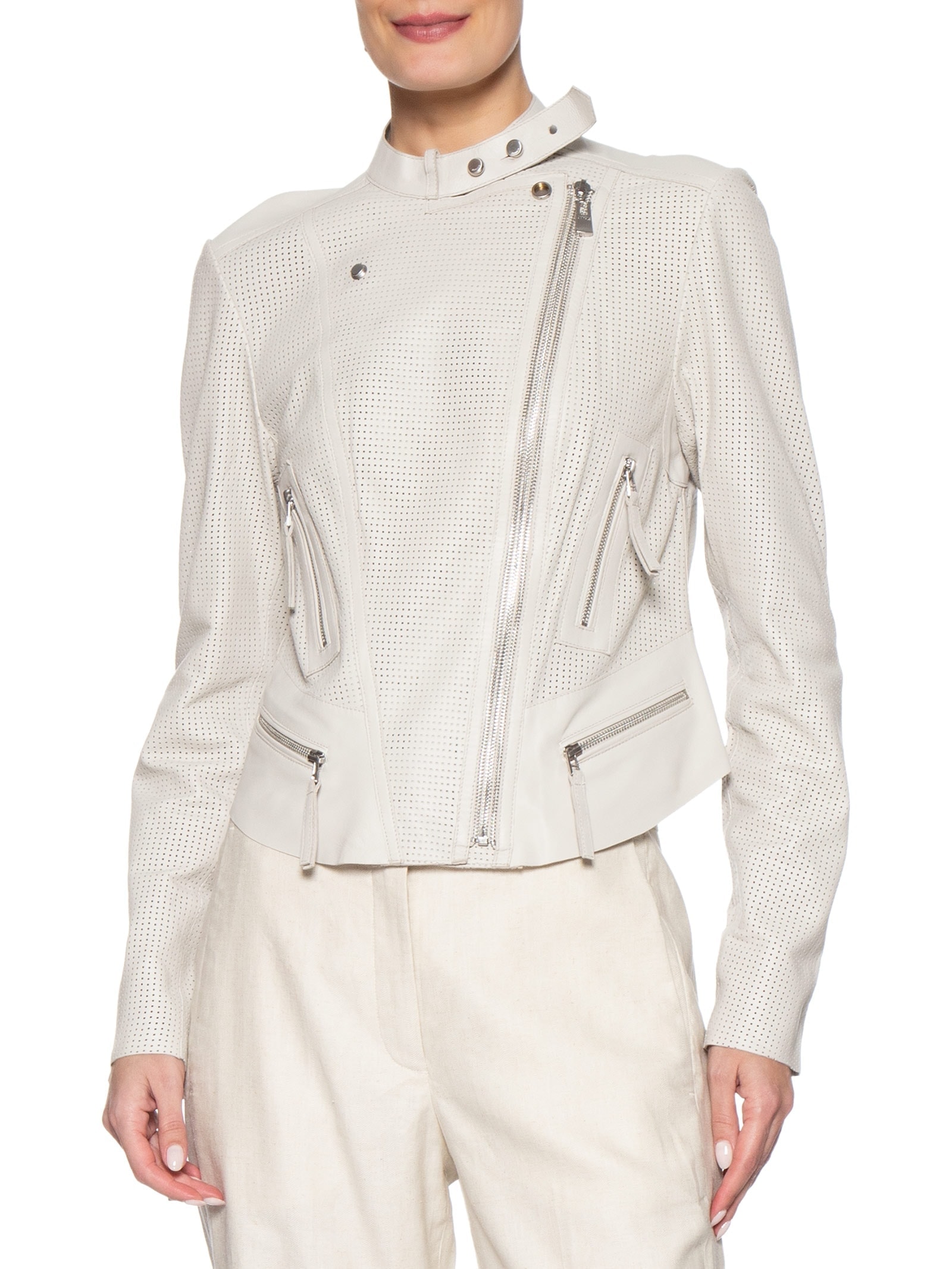 Jaqueta Feminina de Couro Motor Furadinha  – Branco Animale