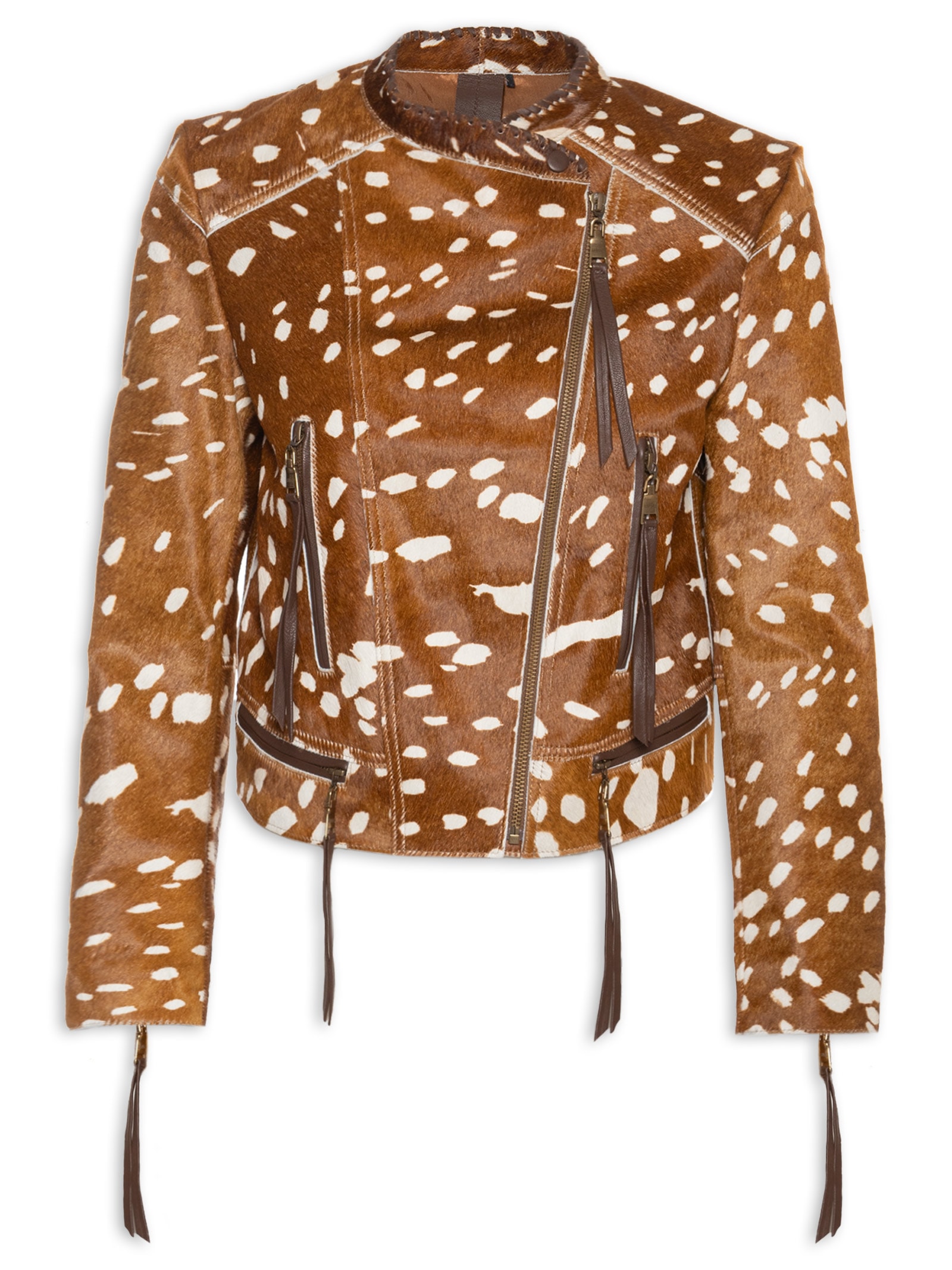 Jaqueta Feminina De Couro Pelo Animal Print Marrom Animale