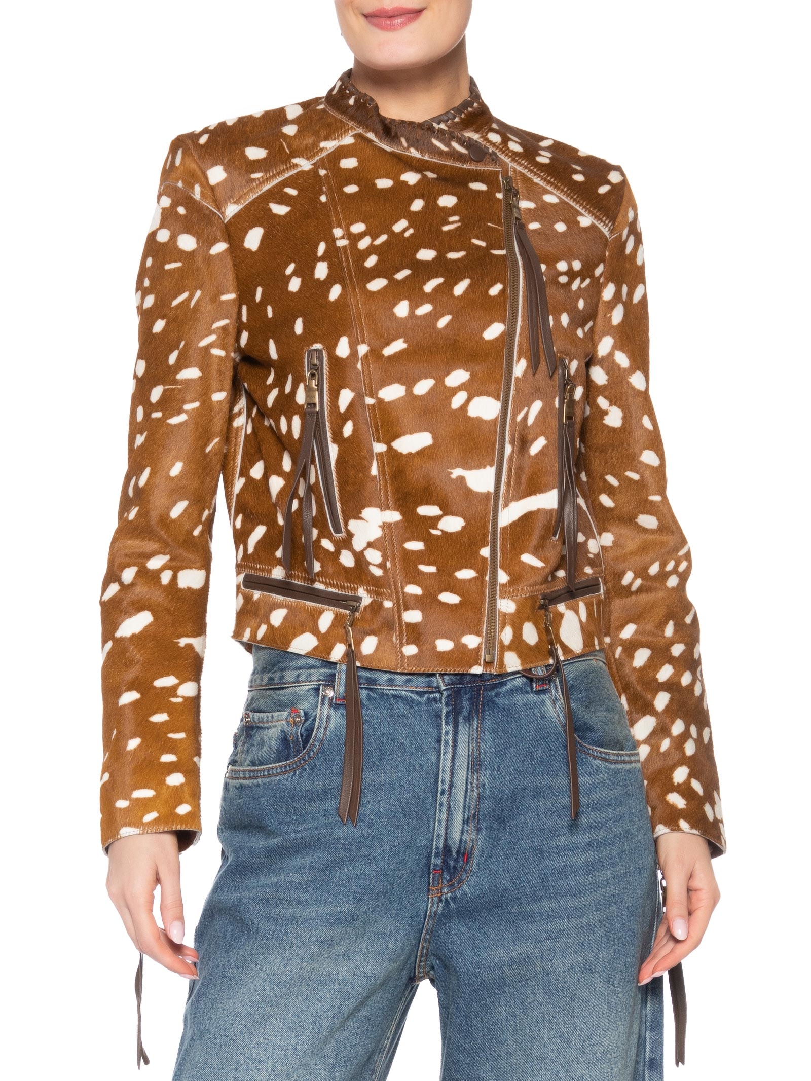 Jaqueta Feminina De Couro Pelo Animal Print Marrom Animale