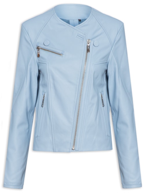 Jaqueta Feminina De Couro Sem Gola Transpassada – Azul