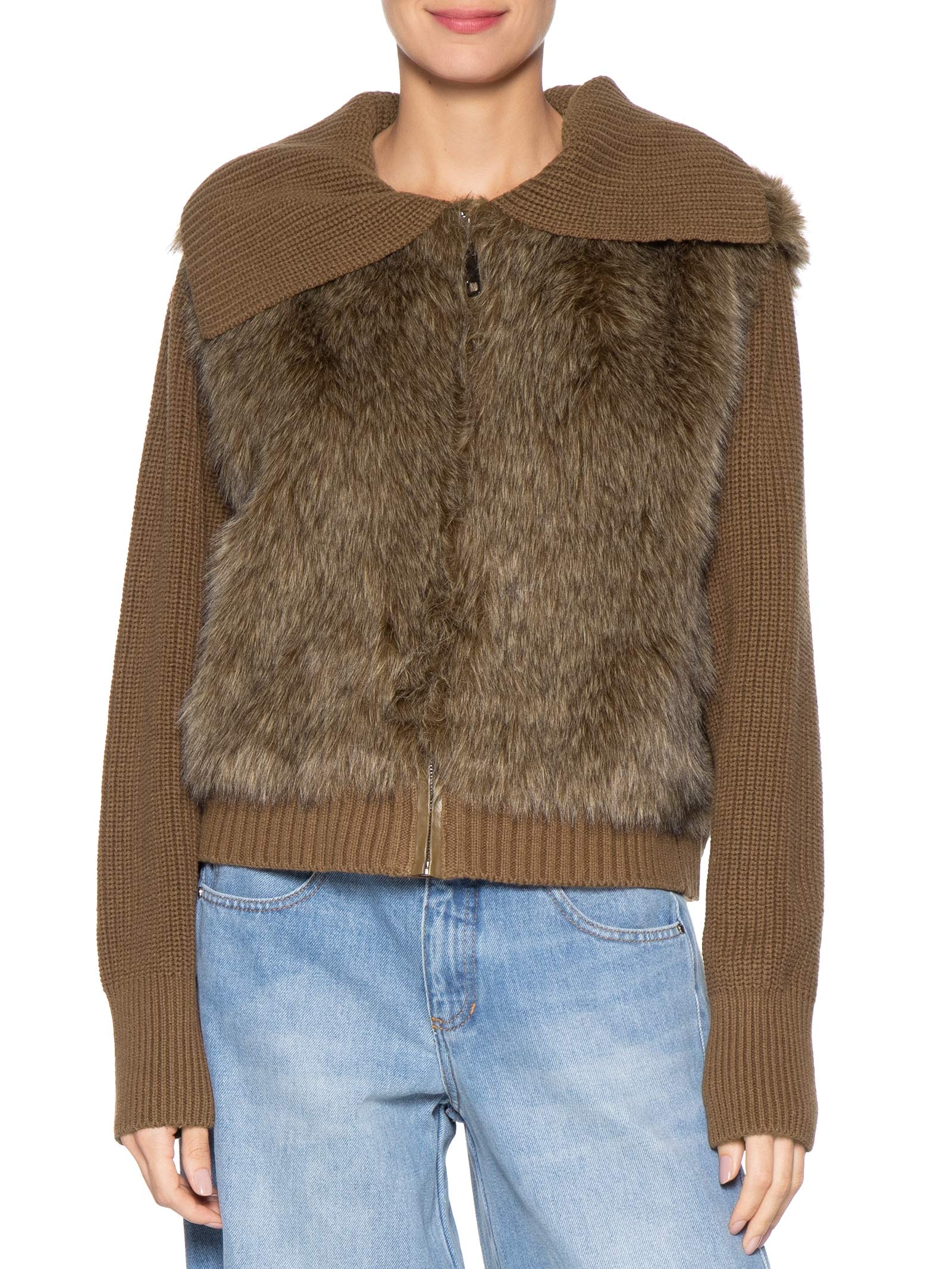 Jaqueta Feminina De Pelo Acabamentos Em Tricot Marrom Animale Jeans